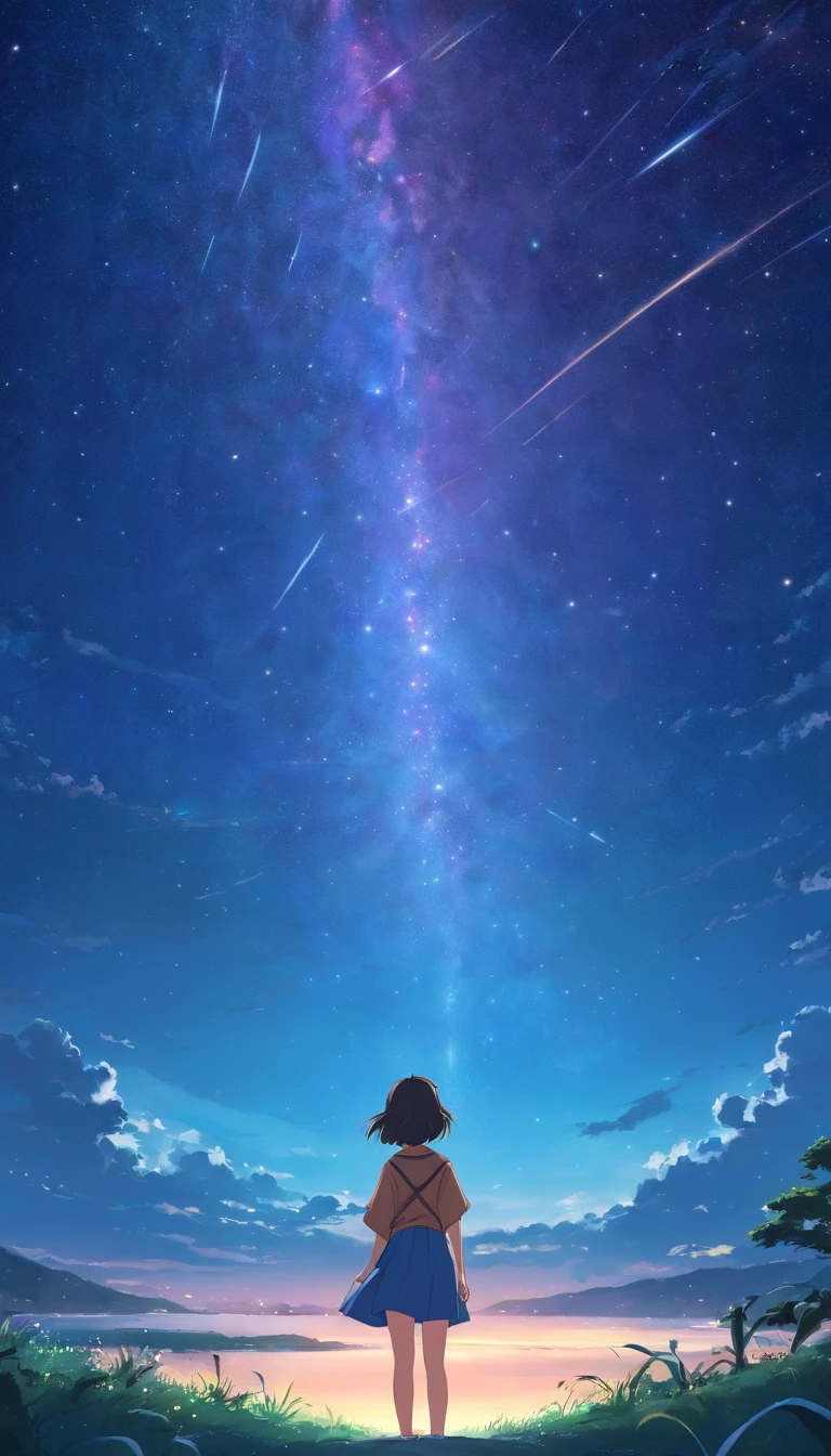 best qualtiy, tmasterpiece, 超高分辨率, realisticlying,Totoro,Fantastic starry sky,looking at the stars,wide angles