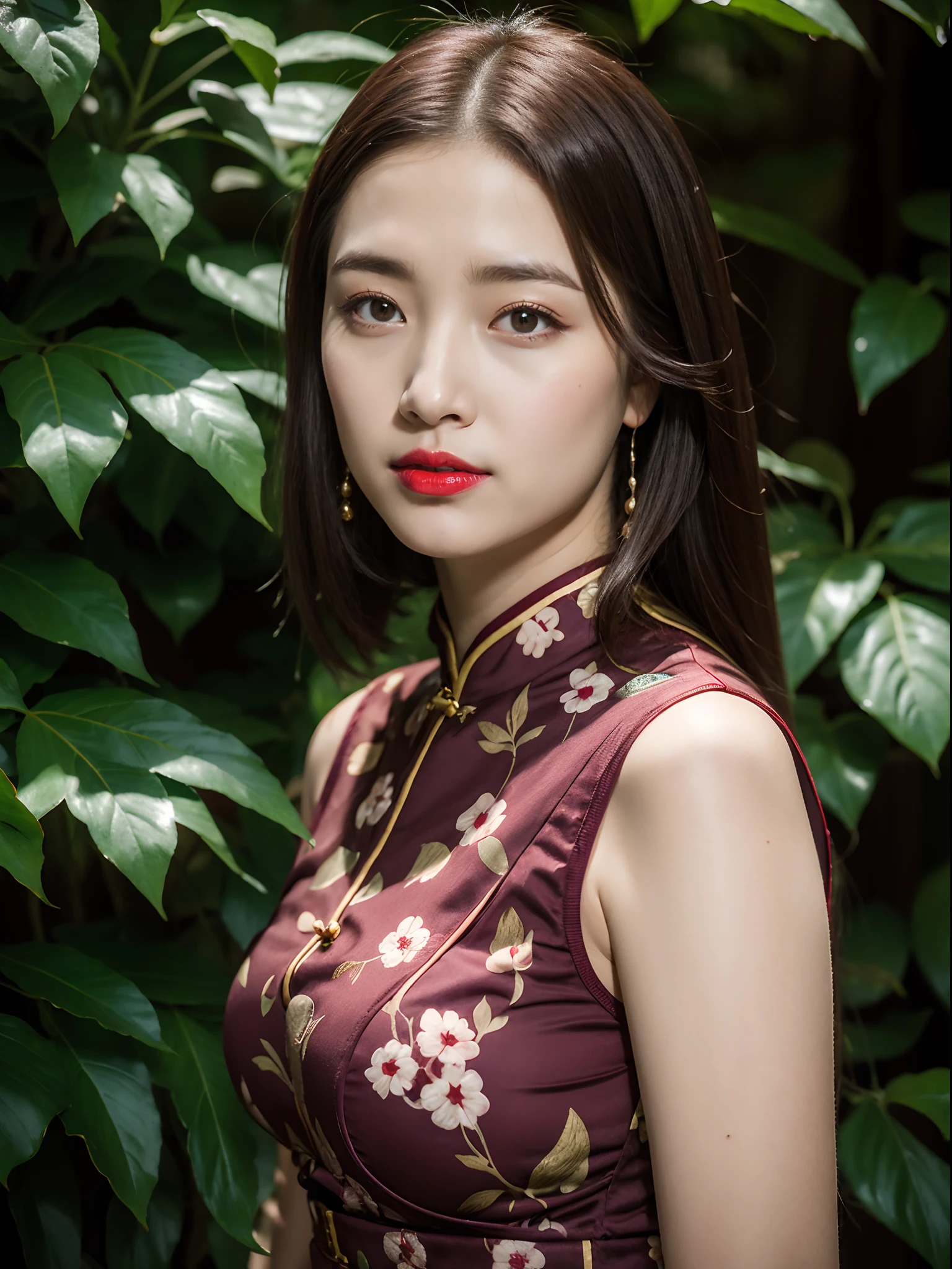 (Purple printed porcelain cheongsam), 1 rapariga, (Behind the arm:1.1),(realisticlying:1.7),((best qualtiy)),absurderes,(超高分辨率),(realisticlying:1.6),realisticlying,rendering by octane,(Hyper-realistic:1.2),(photo-realistic face:1.2),(8K),(4K),(tmasterpiece),(realistic skin textures),(illustratio,cinmatic lighting,the wallpaper),(beautidful eyes:1.2),(s the perfect face)))),(Dignified atmosphere),(standing on your feet),(brunette color hair),long whitr hair,黑The eye,Redlip,(Suzhou Garden),