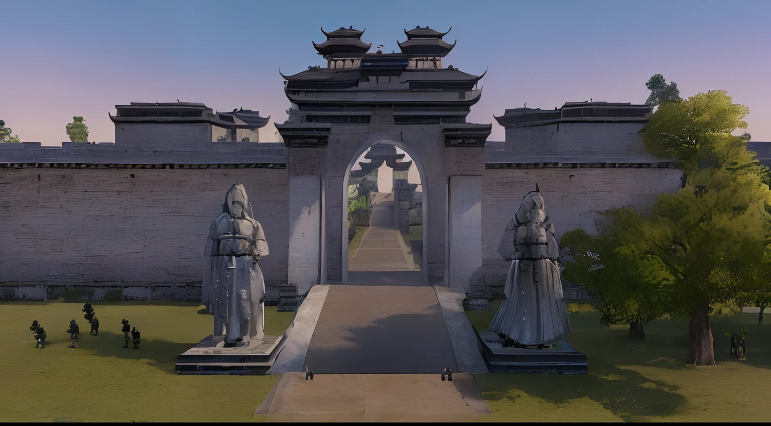 ((masterpiece)), (8k, high_resolution), (best quality), ultra-detailed,there are statues of men standing in front of a gate, fortress gateway, beautiful render of tang dynasty, chinese palace, giant majestic archways, ingame image, giant archways, large temples, huge gate, torri gate, inspired by Zhang Sengyao, inspired by Lu Zhi, heise jinyao, chinese three kingdoms, inspired by Dong Yuan