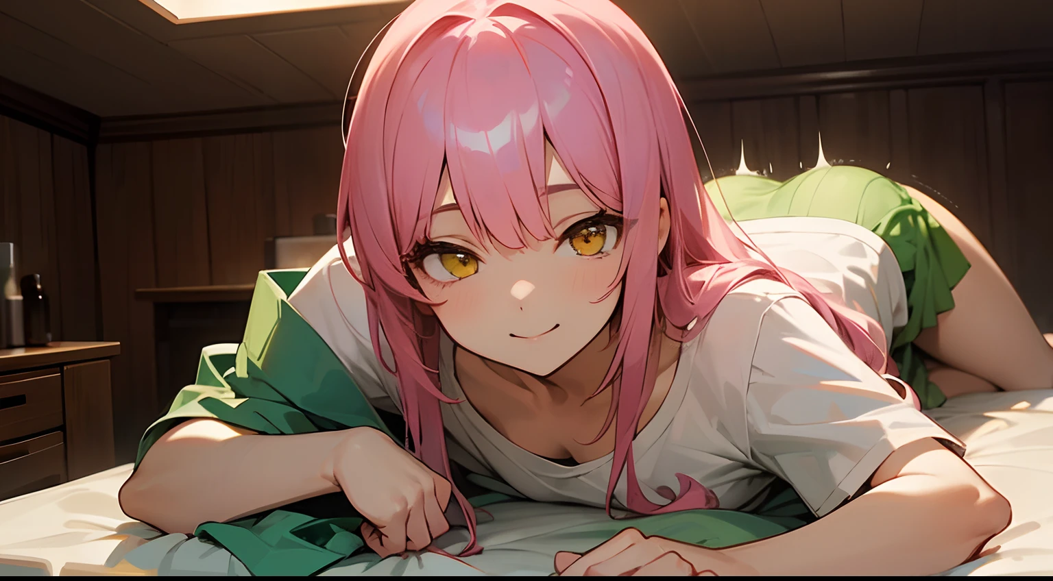 Fluffy semi-long pink hair、Golden Eyes、a beauty girl、Plain white T-shirt、Green skirt、A smile、On the massage bed、Lying face down、Massage parlor、POV、nsfw、