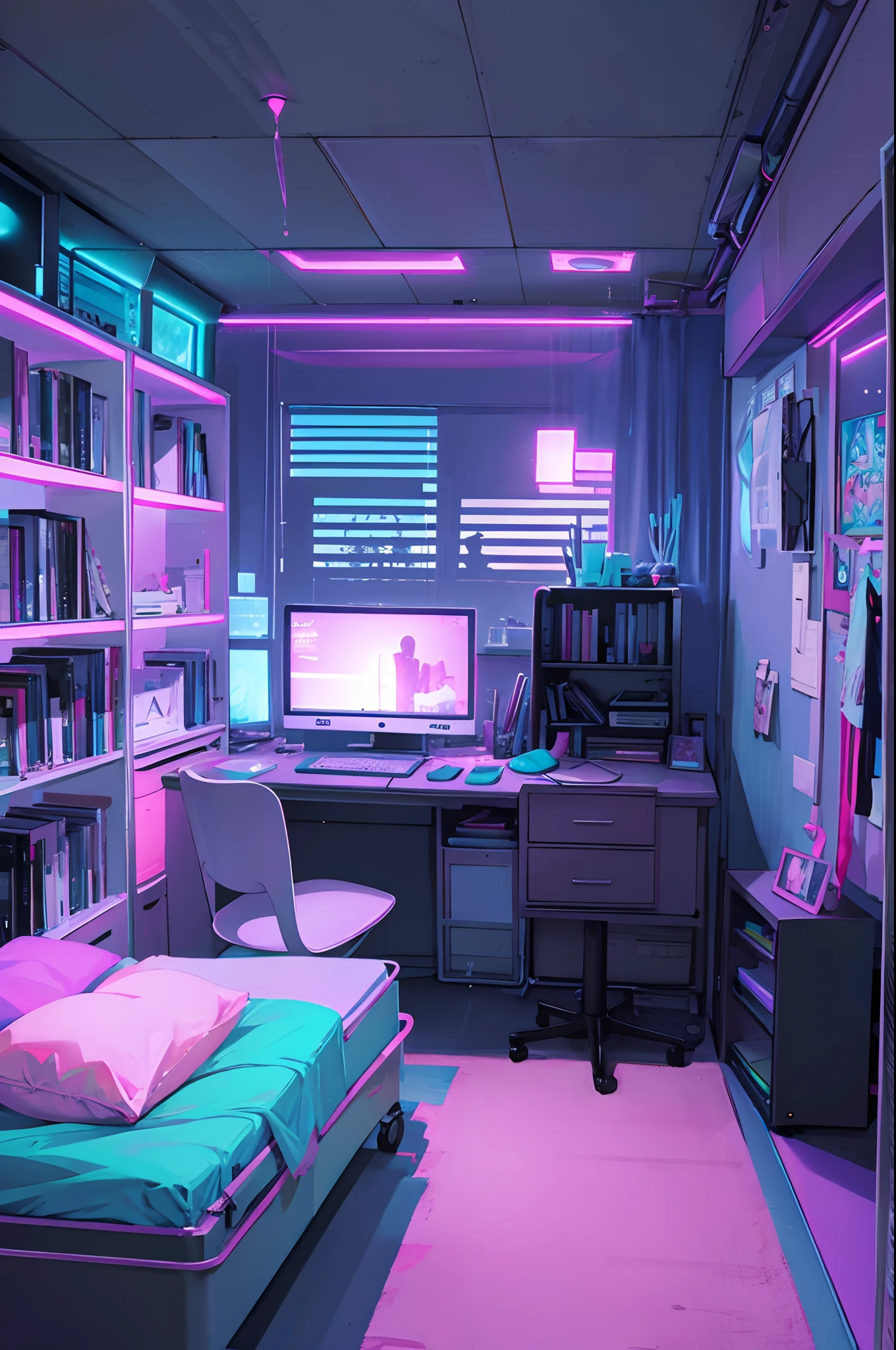 Bedroom, vaporwave aesthetic, quite dark, vtuber livestream backgroind, desk, computer, lights, bookcase