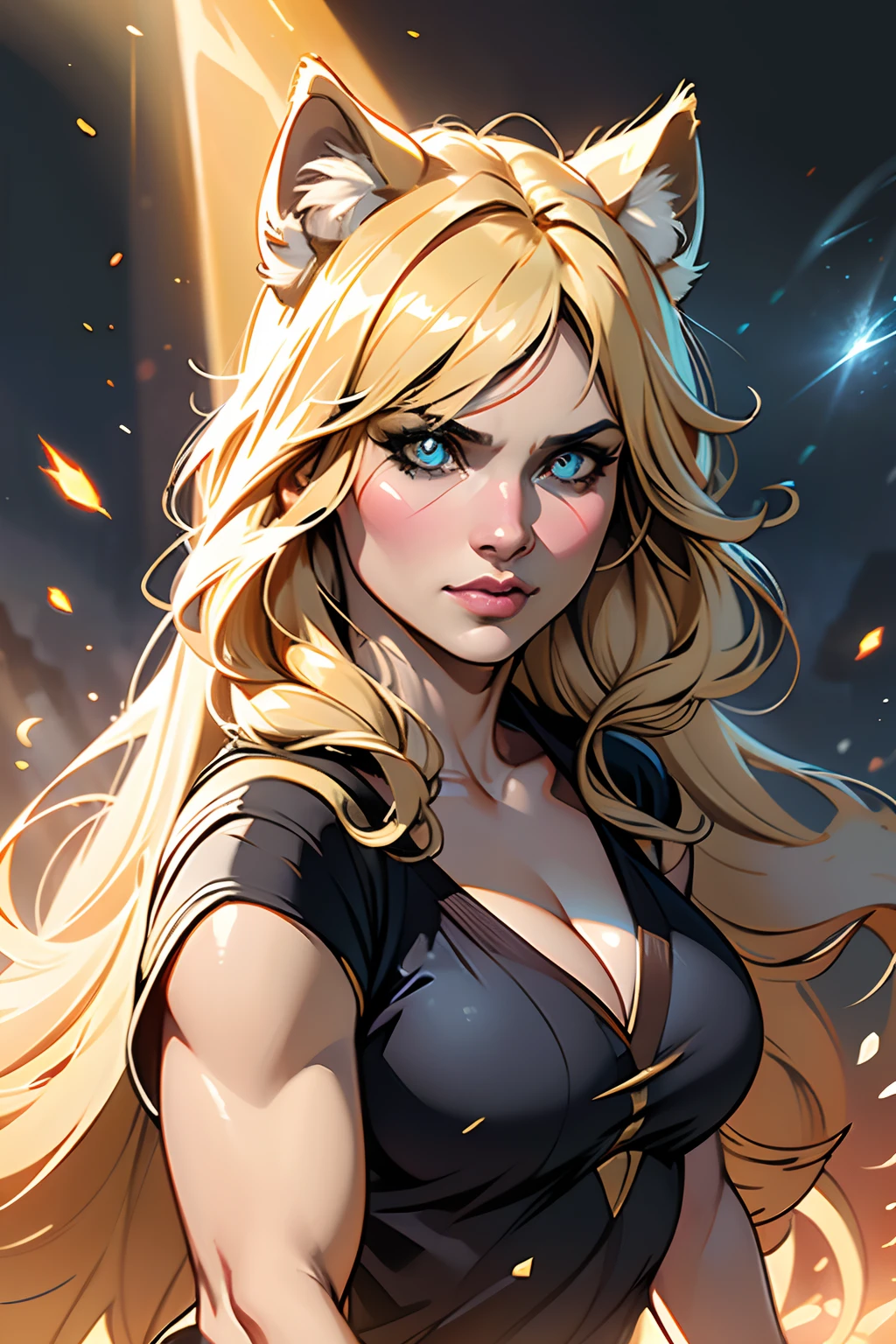 master part, best quality, menina lobo, elegante, 1girl, orelhas de lobo, Cauda de lobo, fofo, Corou, Olhando para o Viewer, de cima, cabelos loiros ondulados, mini saia, camiseta listrada branca e preta, olhos azuis, Olhos bonitos, fundo bonito, light particles, raios solares, dramatic lighting, Outside, reluzente, Realistic, master part, best quality, ultra-detalhado, circunstanciado, scenecy, belos olhos detalhados, cabelo detalhado