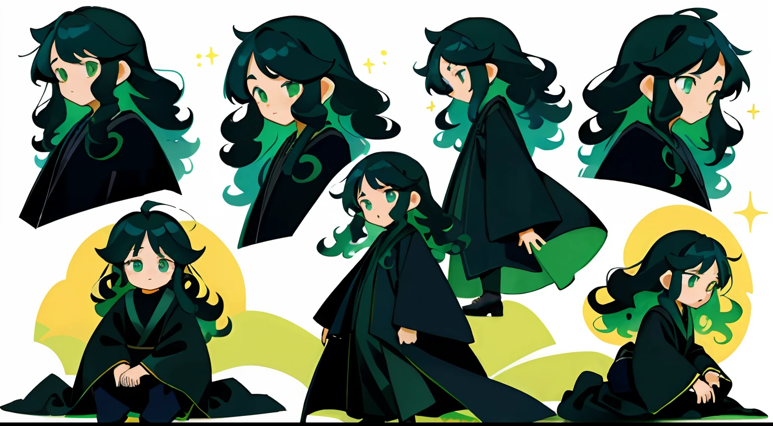 younge boy，multiple postures and expressions，Children's book illustration style，، simple，adolable，full-color，black long curly hair，long blue robes，green-eyed，flatcolors，