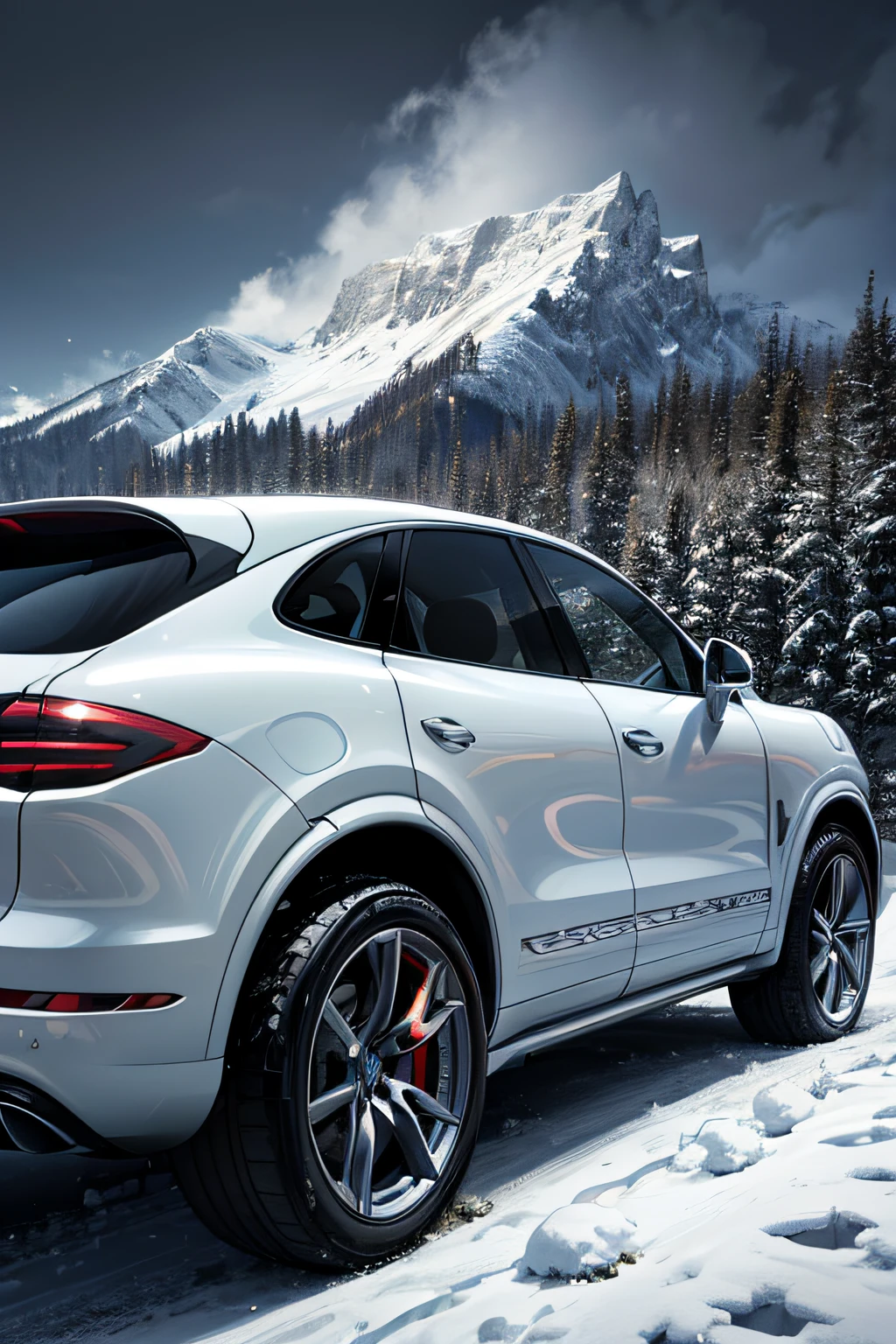 2012)painted white ), ((Porsche, cayenne)), (side shot), trail path, ((1 snow-covered mountain road)), scenic view, (vehicle focus), no humans, cloud, sky, rain, outdoors, night, rock professional, 4k, shallow depth of field, , extremely detailed, photo_\(ultra\), photorealistic, realistic, post-processing, maximum detail, roughness, real life, ultra realistic, photorealism, photography, 8k uhd, photography (grain of film) medium wide shot atmospheric dark lighting