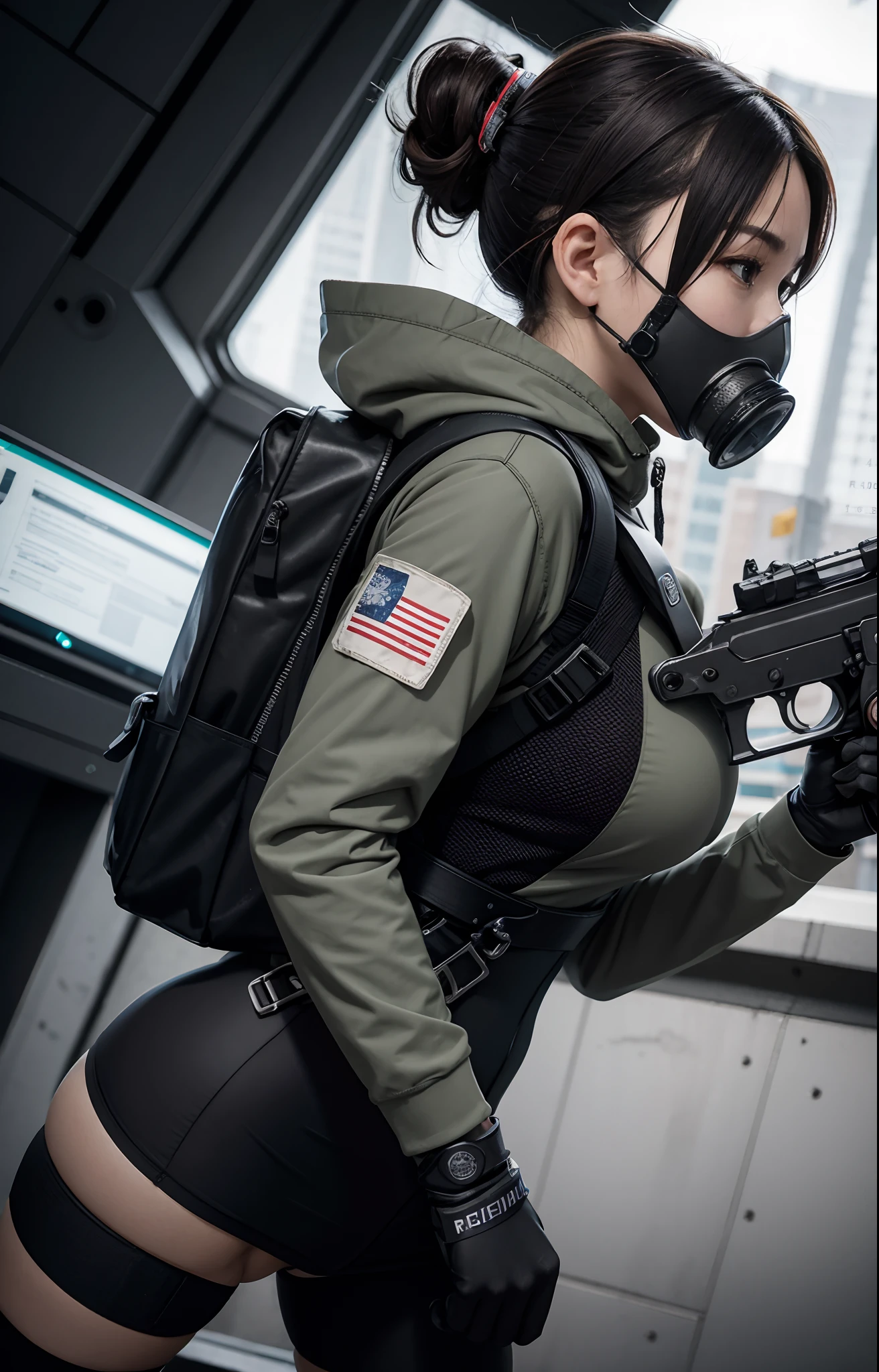 Highest image quality, outstanding details, ultra-high resolution, (realism: 1.4), ((close up:0.75, from side)), Photorealistic, highly condensed 1 lady, full body, aiming with an assault rifle, Combat pose, (Detailed face), looking to the camera, (cloths color black:0.4 white:0.5 other-color:0.1), (wearing rash-guard likes police uniform, gloves,black and gray mecha, wearing futuristic-gasmask, military harness, holding a machinegun, carrying hich-tech-backpack), background grey, Fingers are occluded