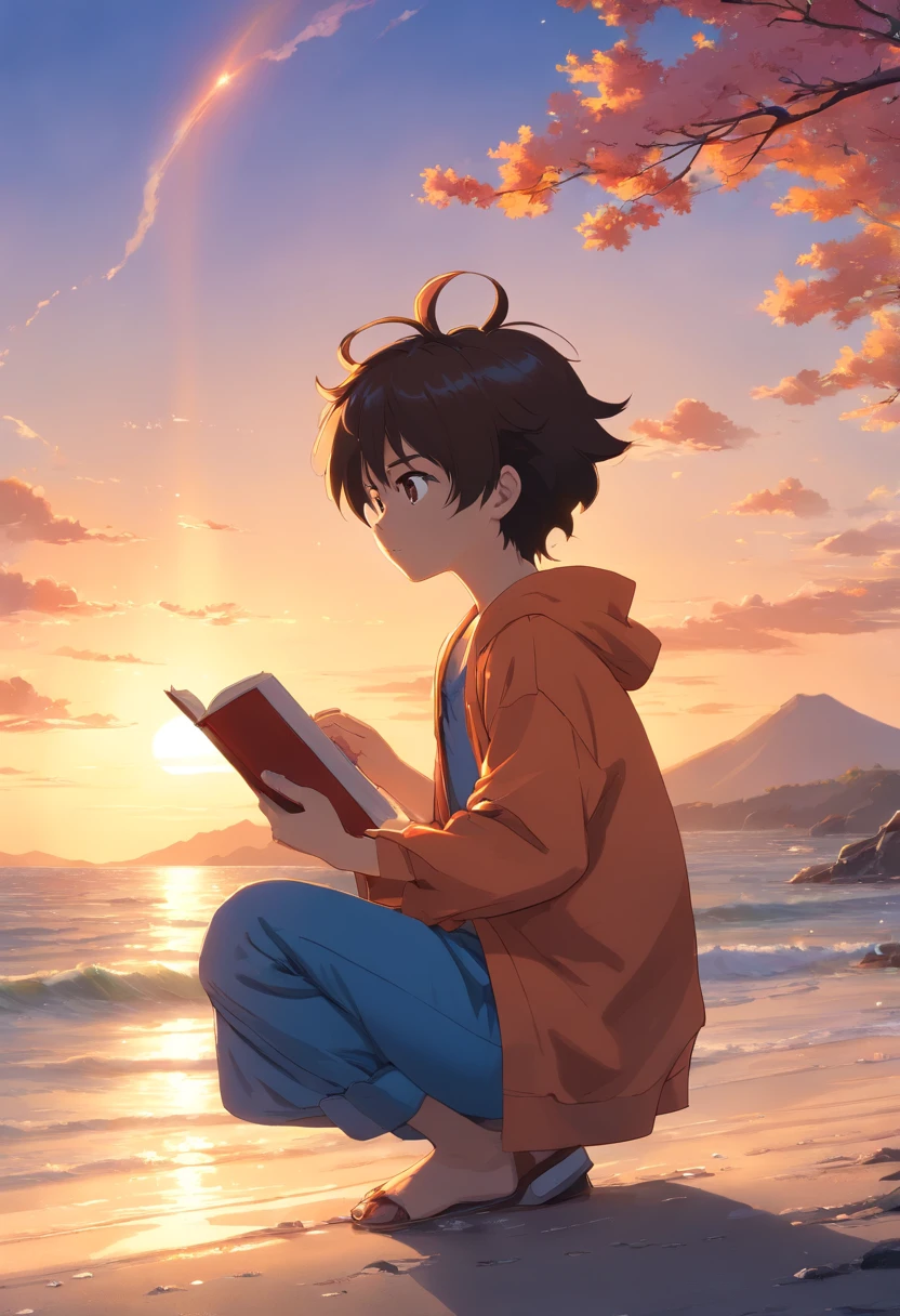 obra-prima, melhor qualidade, filme ainda, Goku segurando livros, brilhante, Soft lighting and Warm, sun sunset, corpo todo, estilo manga