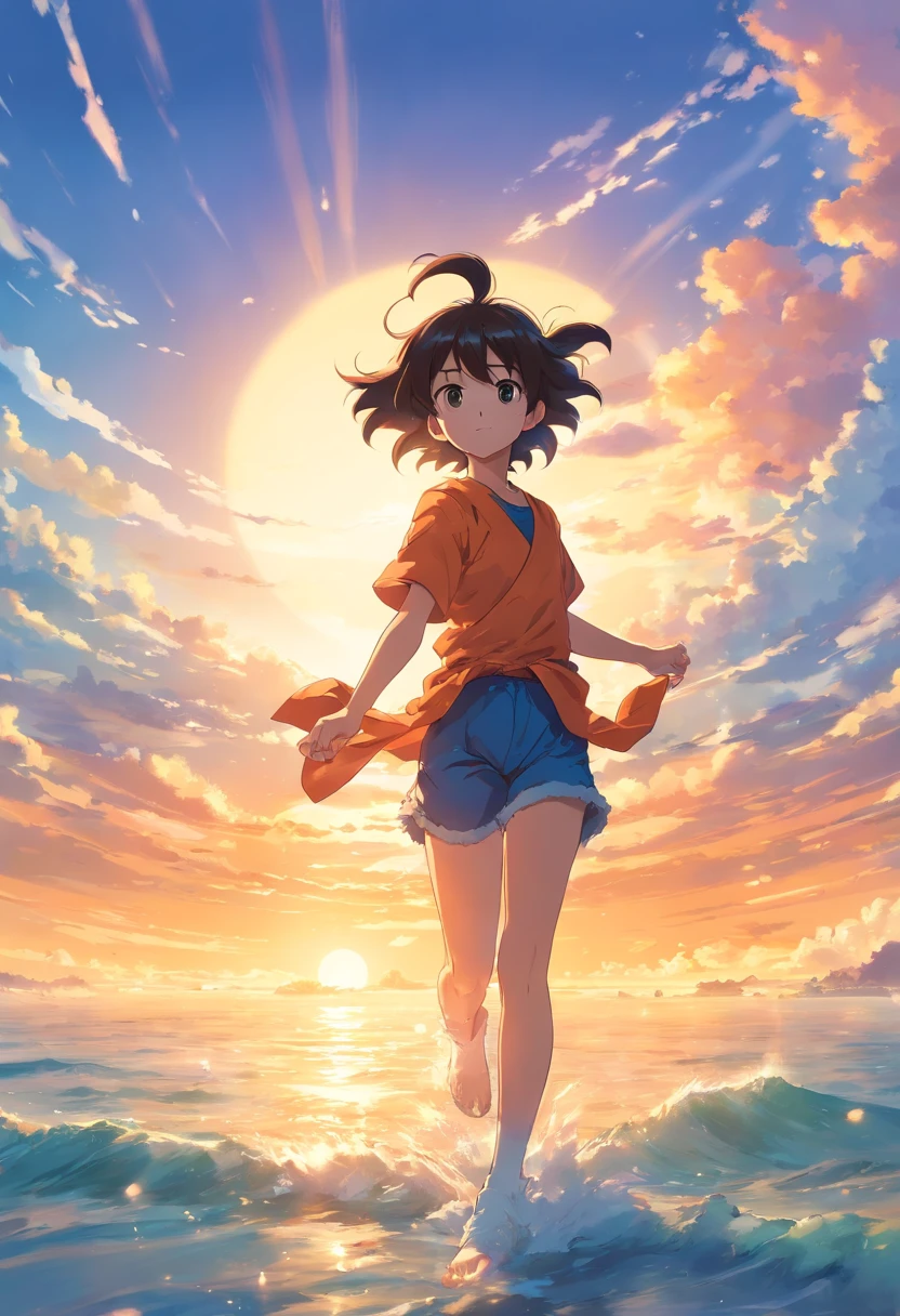 obra-prima, melhor qualidade, filme ainda, Goku segurando livros, brilhante, Soft lighting and Warm, sun sunset, corpo todo, estilo manga