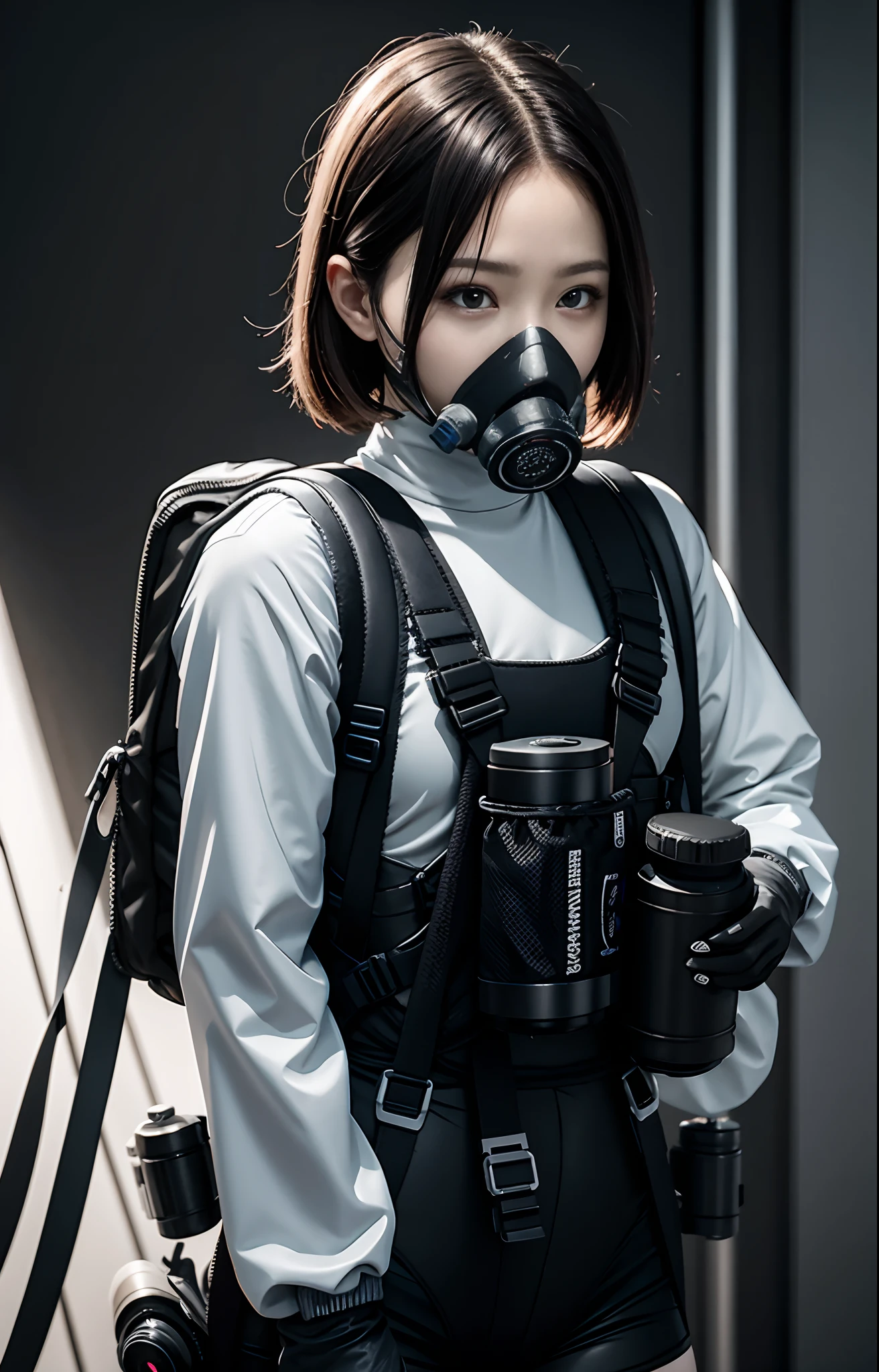 Highest image quality, outstanding details, ultra-high resolution, (realism: 1.4), ((close up:0.75, from front)), Photorealistic, highly condensed 1 lady, full body, aiming with a rifle, Combat pose, (Detailed face), looking at the camera, (a bit chubby:0.45), (cloths color black:0.4 white:0.5 other-color:0.1), (wearing nylon rash-guard as police uniform, gloves, Fingers are occluded, black and gray mecha, wearing futuristic-gasmask, military harness, holding a machinegun, carrying hich-tech-backpack), background greywall,