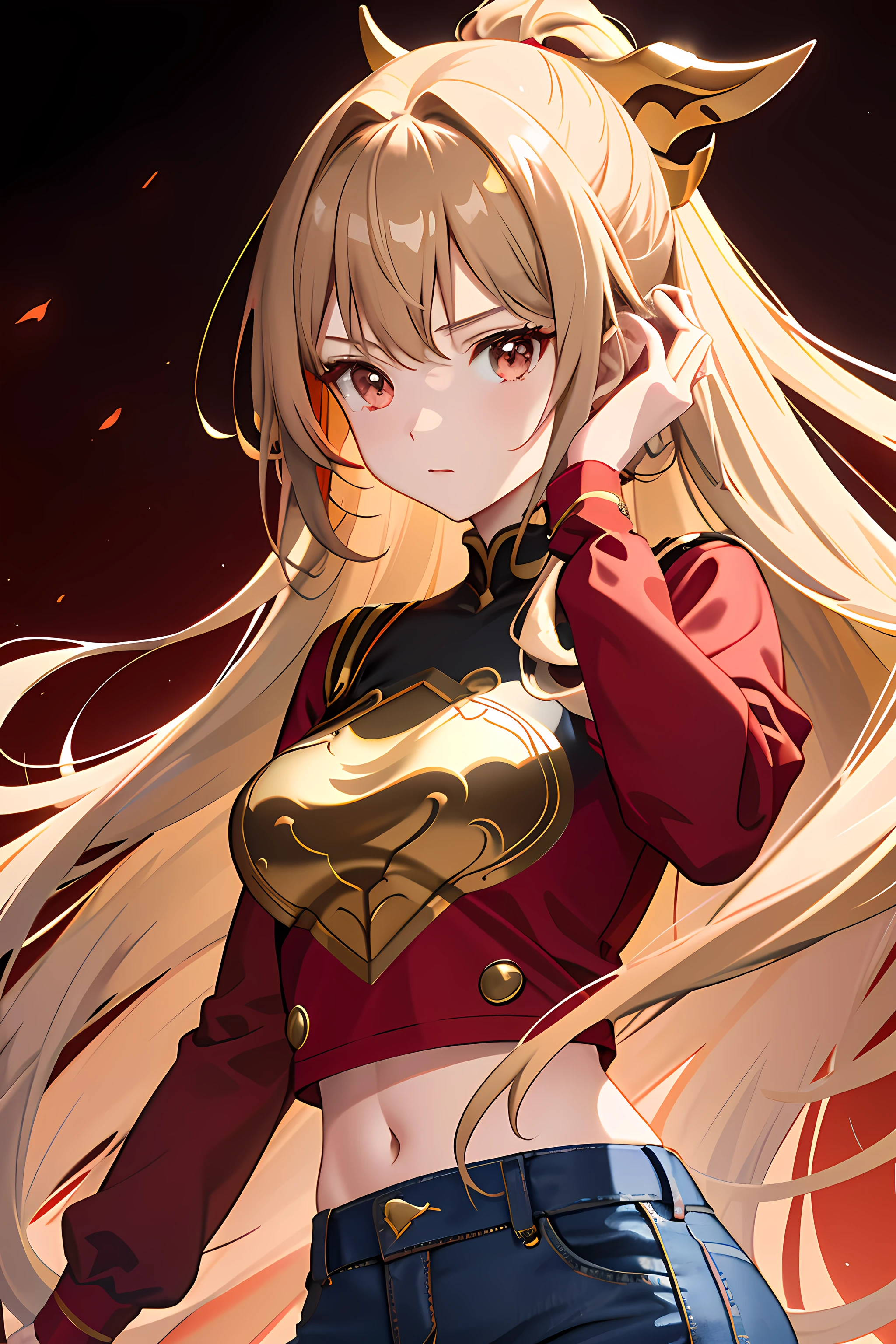 a beautiful anime girl, beautiful light brown hair, long hair, hair behind ears, wearing red and gold long sleeves crop top, light gray denim shorts, gleaming eyes, cinematic lighting, smooth focus, colorful, bold and vivid colors, high contrast colors, intricate detail, elaborate, UHD, HDR, 8k resolution