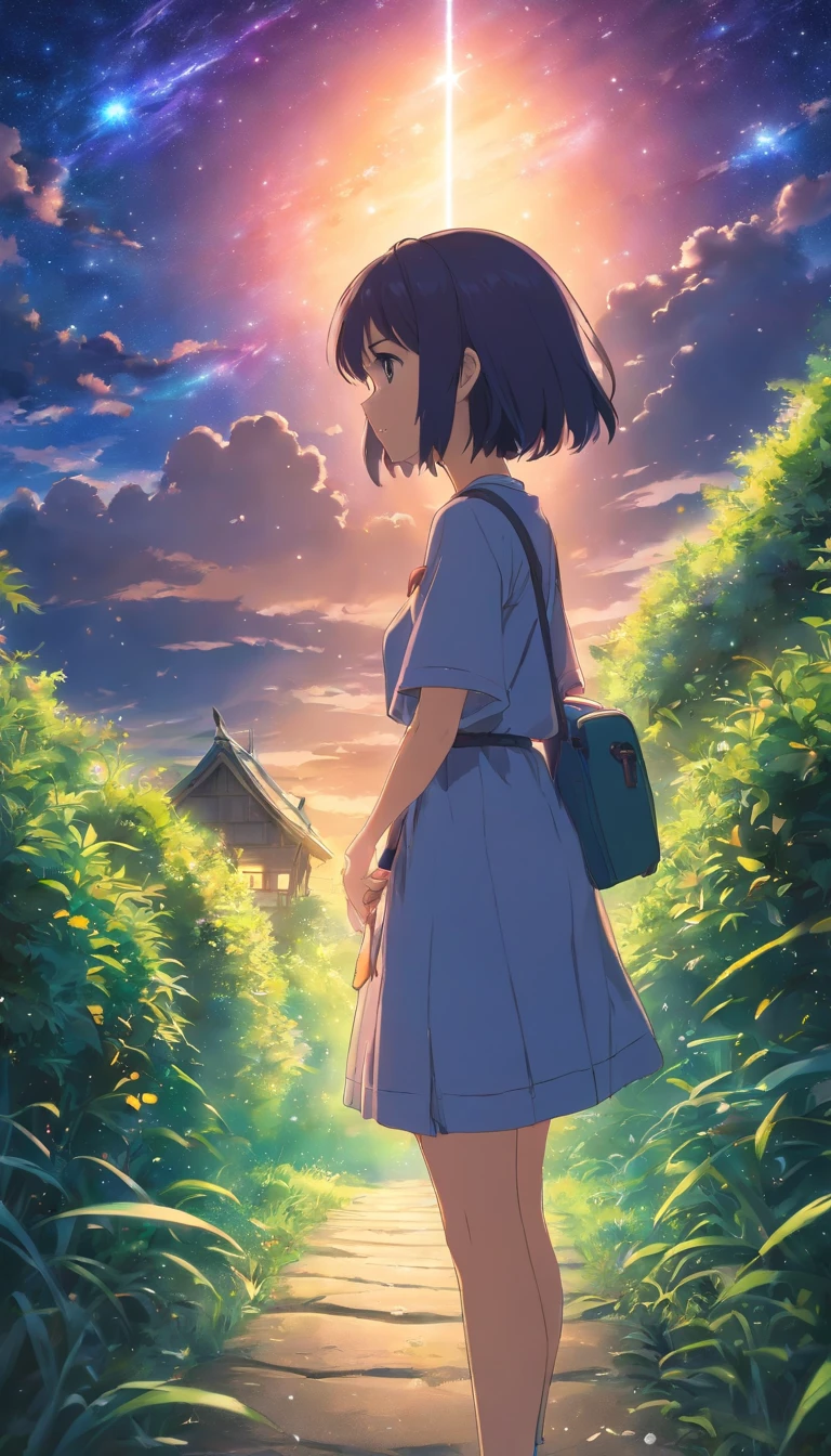 best qualtiy, tmasterpiece, 超高分辨率, realisticlying,Totoro,Fantastic starry sky,looking at the stars,wide angle, commett