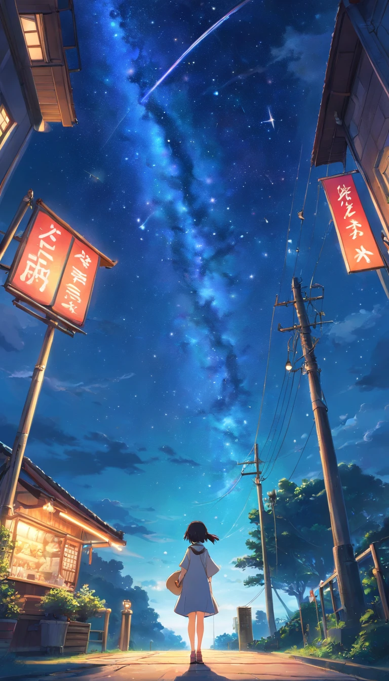 best qualtiy, tmasterpiece, 超高分辨率, realisticlying,Totoro,Fantastic starry sky,looking at the stars,wide angle, commett
