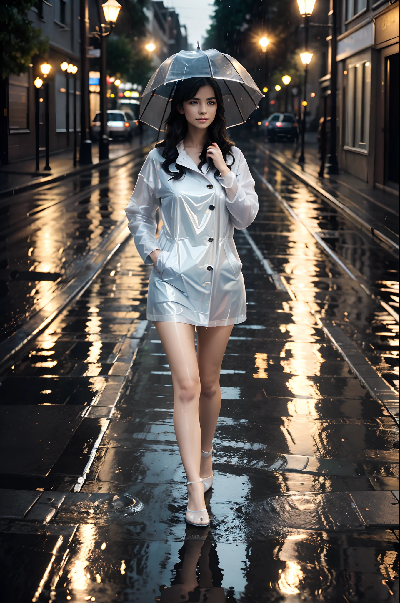 A city street bathed in the gentle glow of street lamps, with a beautiful girl walking in the rain. She's wearing an elegant raincoat, holding a bright umbrella, water droplets bouncing off. Her hair is slightly wet, and her eyes are full of contemplation. The reflections in the puddles and the tranquil scene around her create a mood of peace and beauty. Cinematic. Extremely realistic, masterpiece, professional photography