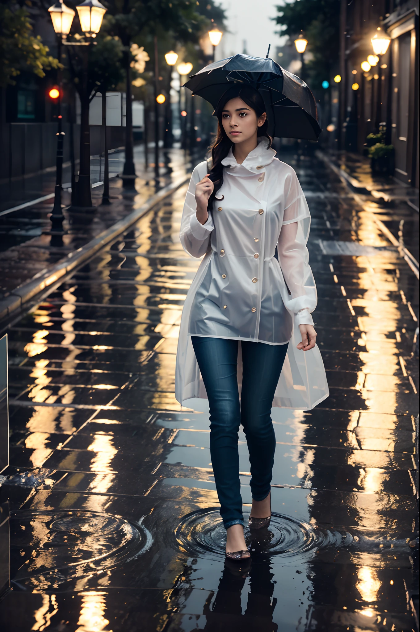 A city street bathed in the gentle glow of street lamps, with a beautiful girl walking in the rain. She's wearing an elegant raincoat, holding a bright umbrella, water droplets bouncing off. Her hair is slightly wet, and her eyes are full of contemplation. The reflections in the puddles and the tranquil scene around her create a mood of peace and beauty. Cinematic. Extremely realistic, masterpiece, professional photography