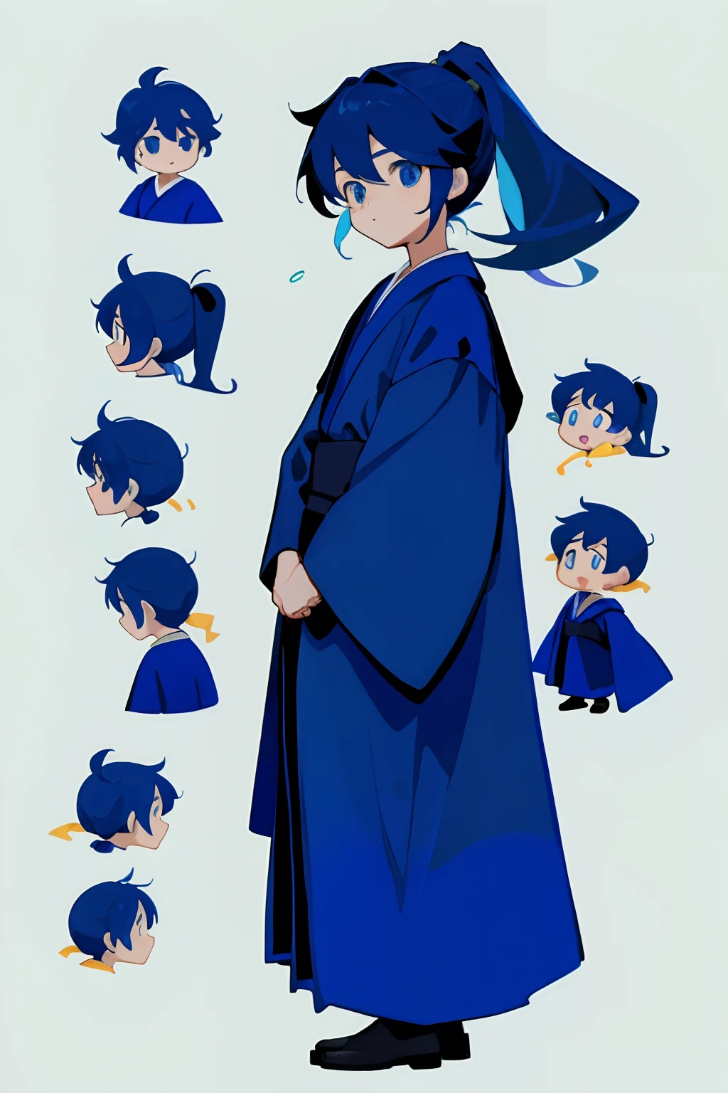 younge boy，multiple postures and expressions，Children's book illustration style，، simple，adolable，full-color，cabelos preto e longos，High ponytail，long blue robes，eBlue eyes，flatcolors，