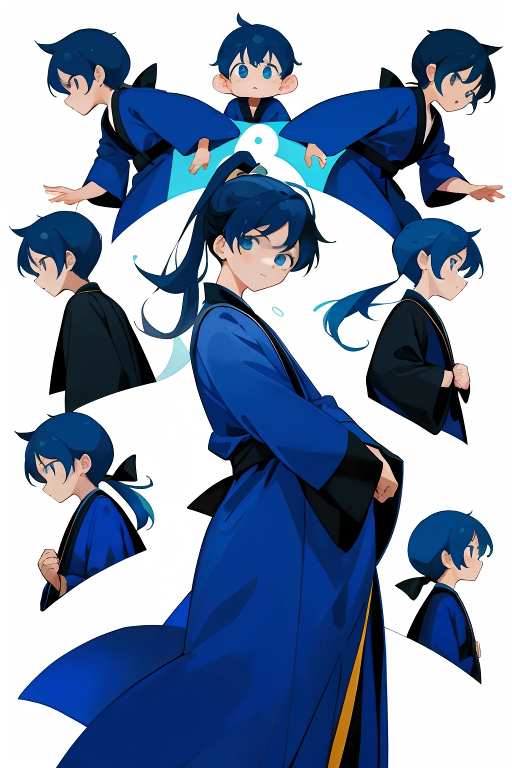 younge boy，multiple postures and expressions，Children's book illustration style，، simple，adolable，full-color，cabelos preto e longos，High ponytail，long blue robes，eBlue eyes，flatcolors，