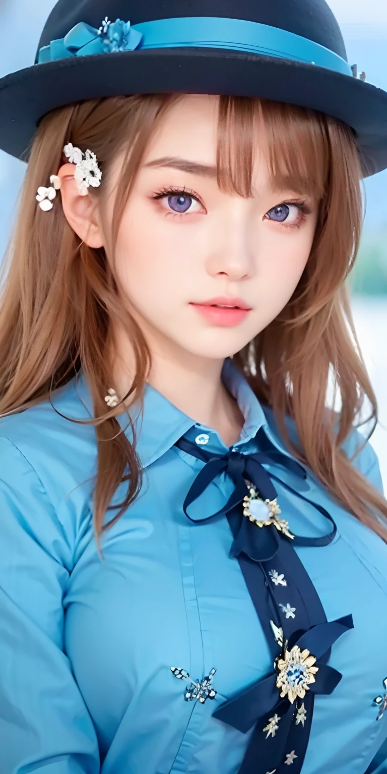 1girl,huge breast, brown hair, purple eyes, blue clothes, ultra detailed, masterpiece, realistic