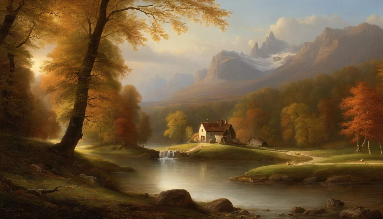 Painting of a river with a house and a waterfall in the middle, Romantische Landschaft, inspiriert von Carl Hilger, Albert Bierstadt 4 K, Romantik Landschaftsmalerei, Hudson River Schule, von August Friedrich Schenck, von Alexander Nasmyth, von Robert S. Duncanson, Alpine landscape with hut, by Joseph von Führich, Ludwig Richter Landschaft, warmes Herbstlicht, Licht und Schatten