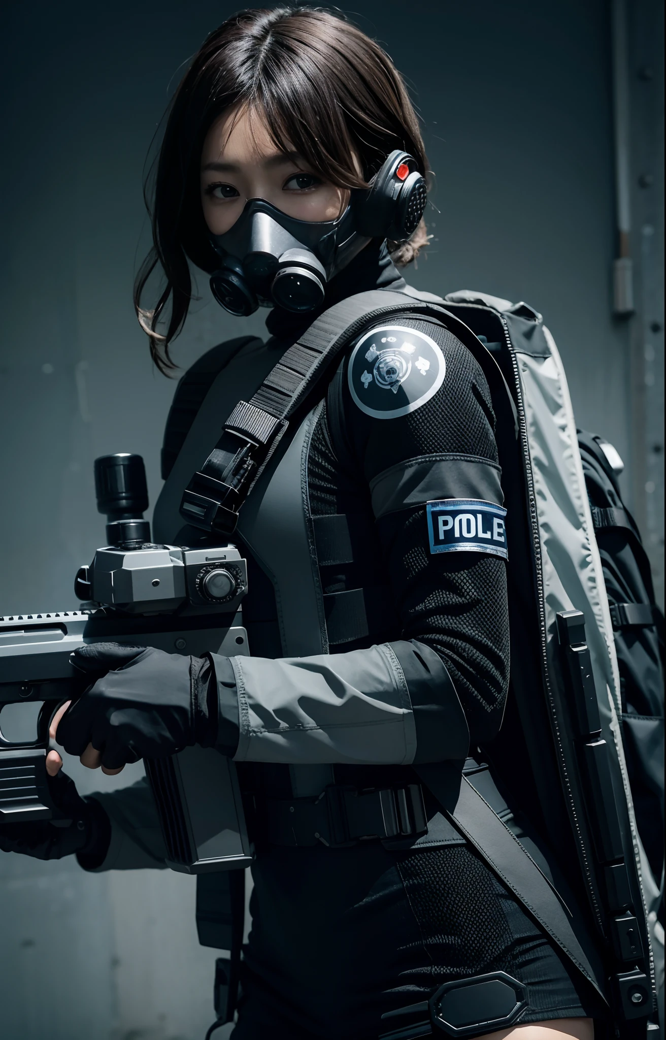 Highest image quality, outstanding details, ultra-high resolution, (realism: 1.4), ((close up:0.75, from front)), Photorealistic, highly condensed 1 lady, full body, aiming with a rifle, Combat pose, (Detailed face), looking at the camera, (a bit chubby:0.45), (cloths color dark-grey:0.4 white:0.3 other-color:0.3), (wearing nylon rash-guard as police uniform, gloves, Fingers are occluded, black and grey mecha, wearing futuristic-gasmask, military harness, holding a machinegun, carrying hich-tech-backpack), background greywall,
