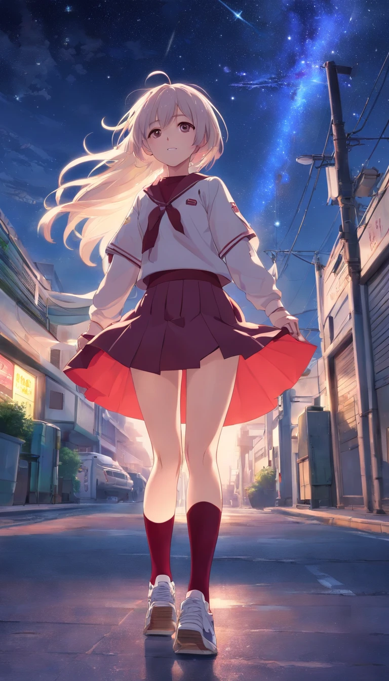 best qualtiy, tmasterpiece, 超高分辨率, realisticlying, 1 girl,(long white hair),Heterochromic pupils,(ssmile)(JK skirt), of burgundy stockings,athletic sneakers,Fantastic starry sky,looking at the stars,wide angles