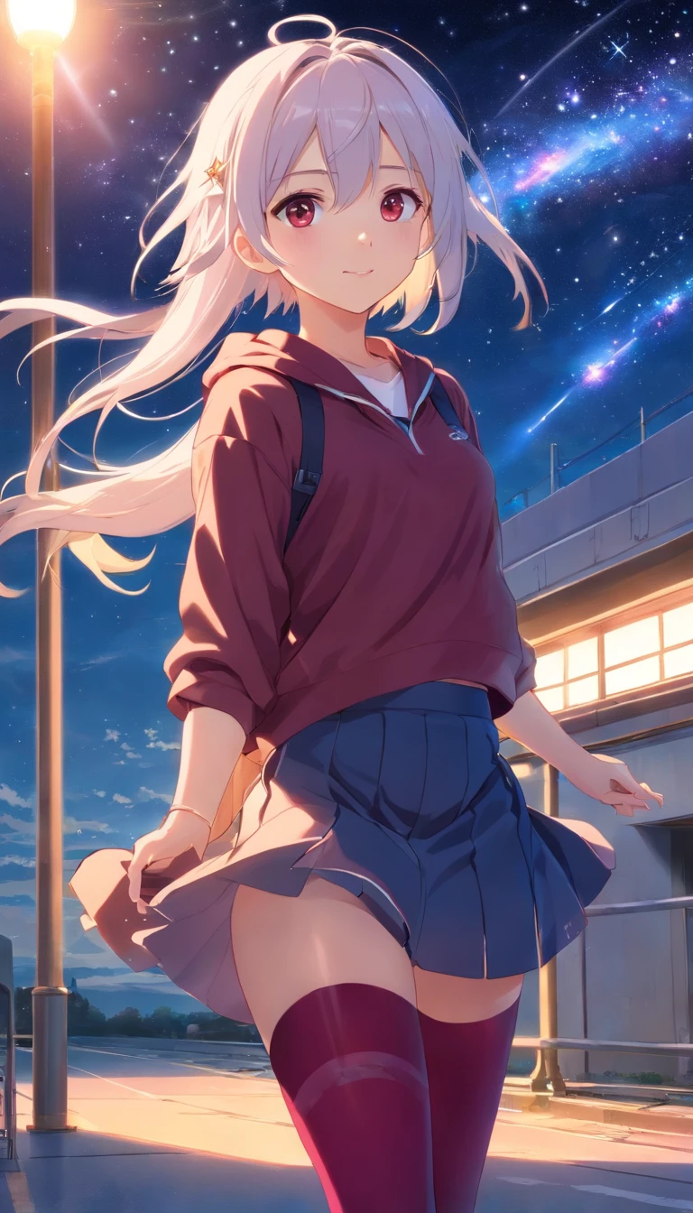 best qualtiy, tmasterpiece, 超高分辨率, realisticlying, 1 girl,(long white hair),Heterochromic pupils,(ssmile)(JK skirt), of burgundy stockings,athletic sneakers,Fantastic starry sky,looking at the stars,wide angles