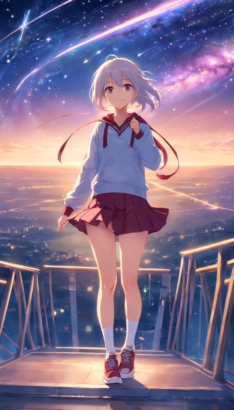 best qualtiy, tmasterpiece, 超高分辨率, realisticlying, 1 girl,(long white hair),Heterochromic pupils,(ssmile)(JK skirt), of burgundy stockings,athletic sneakers,Fantastic starry sky,looking at the stars,wide angles
