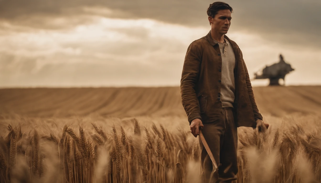 a young man harvesting crop with a Hoe out in the vast wheat fields on a windy day, as intricate alien ships emerge in the sky ready for battle, cinematic