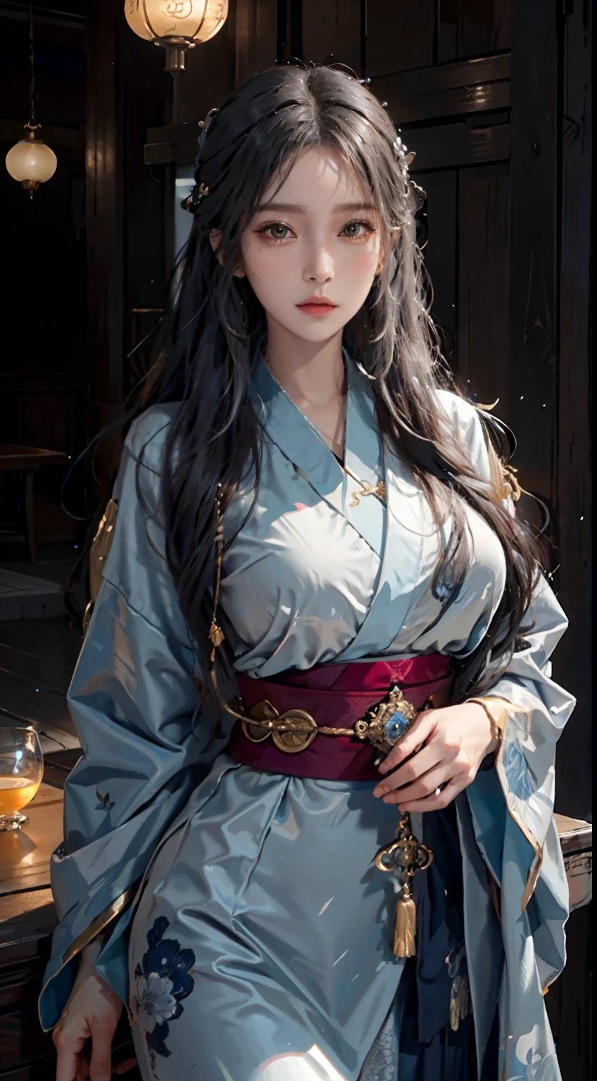 Photorealistic, High resolution, Soft light,1womanl, Solo, hips up high, glistning skin, (Detailed face), Jewelry, The tattoo, Blue Taoist Clothing, kimono