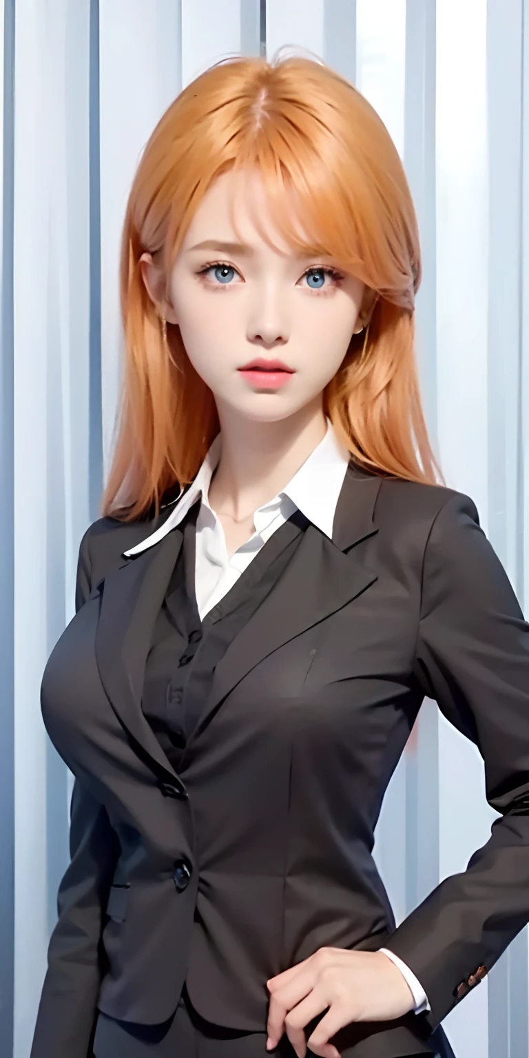 1girl,huge breast, orange hair, blue eyes, black blazer, ultra detailed, masterpiece, realistic