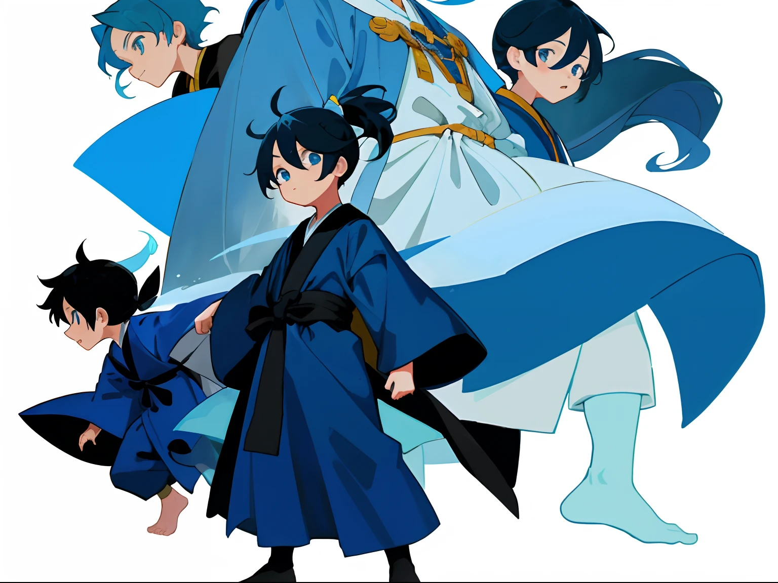 younge boy,multiple postures and expressions,Children's book illustration style,، simple,adolable,full-color,cabelos preto e longos,High ponytail,long blue robes,eBlue eyes,flatcolors,