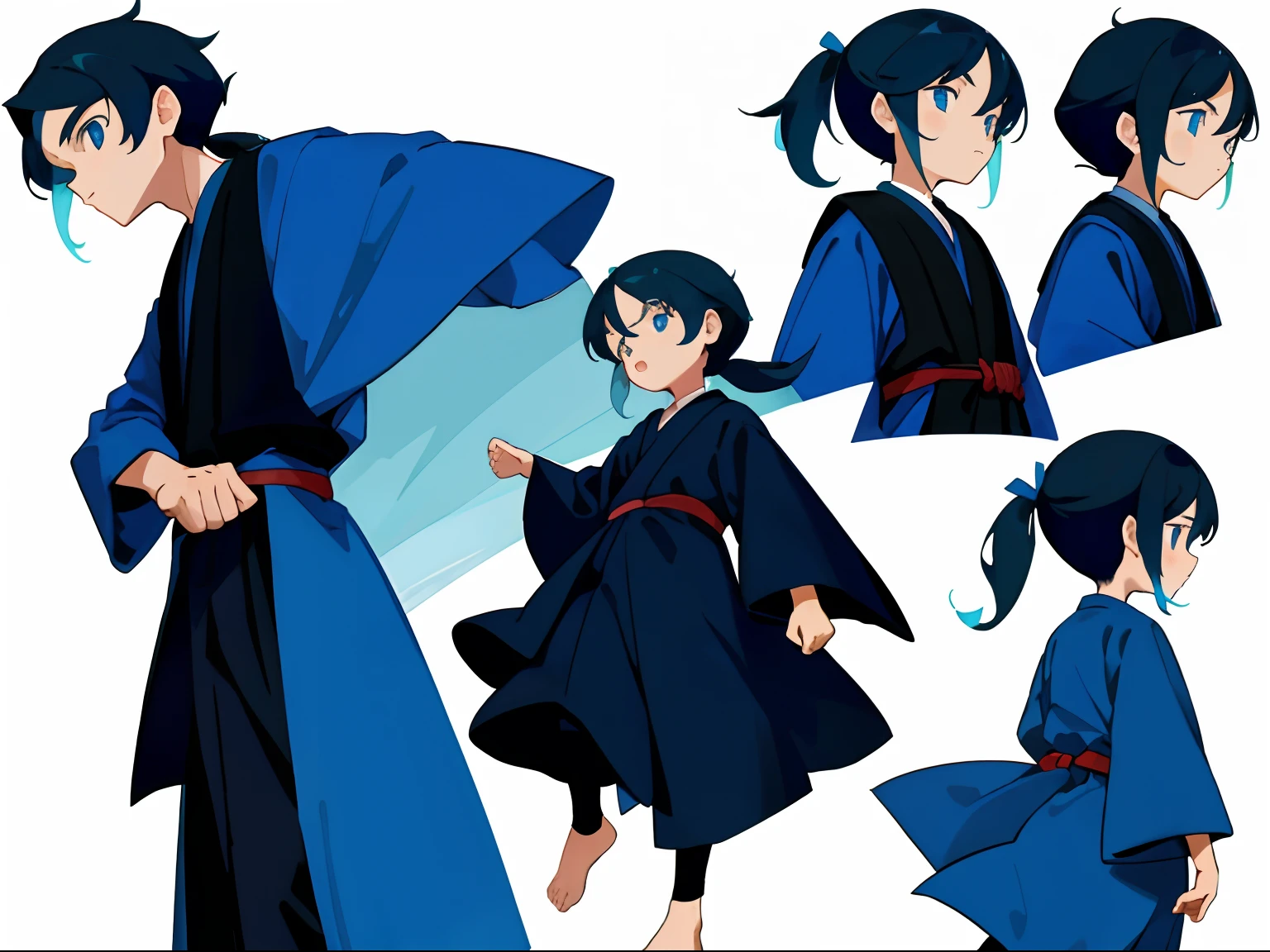 younge boy,multiple postures and expressions,Children's book illustration style,، simple,adolable,full-color,cabelos preto e longos,High ponytail,long blue robes,eBlue eyes,flatcolors,