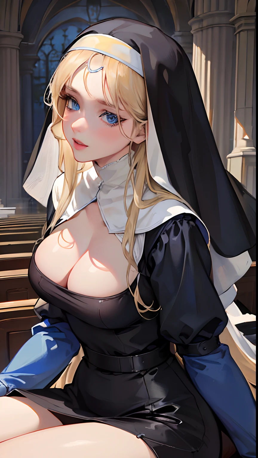 (best quality,4k,8k,highres,masterpiece:1.2),ultra-detailed,realistic,beautiful detailed blue eyes,beautiful detailed lips,extremely detailed face,long hair,1girl,beautiful blonde girl,wearing a nun's outfit,cute,attractive,church, retrato, detailed eyes