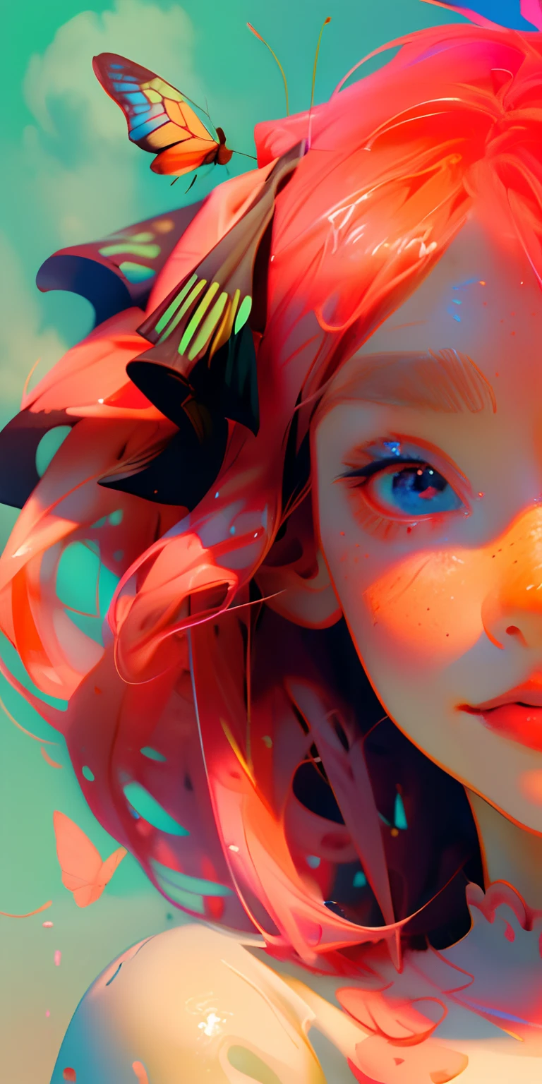 Nino Nakano, perfect face, perfect anatomy, (masterpiece、top-quality、Official art、Beautifully Aesthetic:1.2)、(a beauty girl:1.3)、patterns、blue sky, white clouds, HD Detail, Ultra Detail, Movie, Hyper Realism,--niji 5. Sweet face, soft smile, sparkling eyes, wallpaper inspired by Studio Ghibli, masterpiece, perfect anatomy, extremely detailed faces. Cute faces, perfect faces, masterpiece, 4k, Sweet, blushing, Nino Nakano, Nino Nakano from The Quintessential Quintuplets, shoulder length pink hair, butterfly hair ribbons, soft frilly organza dress, flowing white dress, flowers, butterflies, fireflies, soft breeze, blushing, sweet expression, splendid delicate dress, laying among lillies, blue sky,
