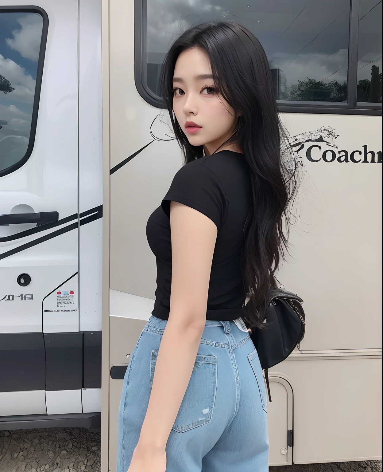 Araffe woman in jeans and black shirt standing in front of a coachman, jennie blackpink, Jinyoung Canela, cintura magra e quadris grossos, coreana, Ulzzang, TaeJune Kim, Jisoo do Blackpink, linda mulher coreana jovem, com cabelos longos, Jaeyeon Nam, Modelo de moda feminina coreana, jisoo do blackpink, jossi do blackpink, oficial