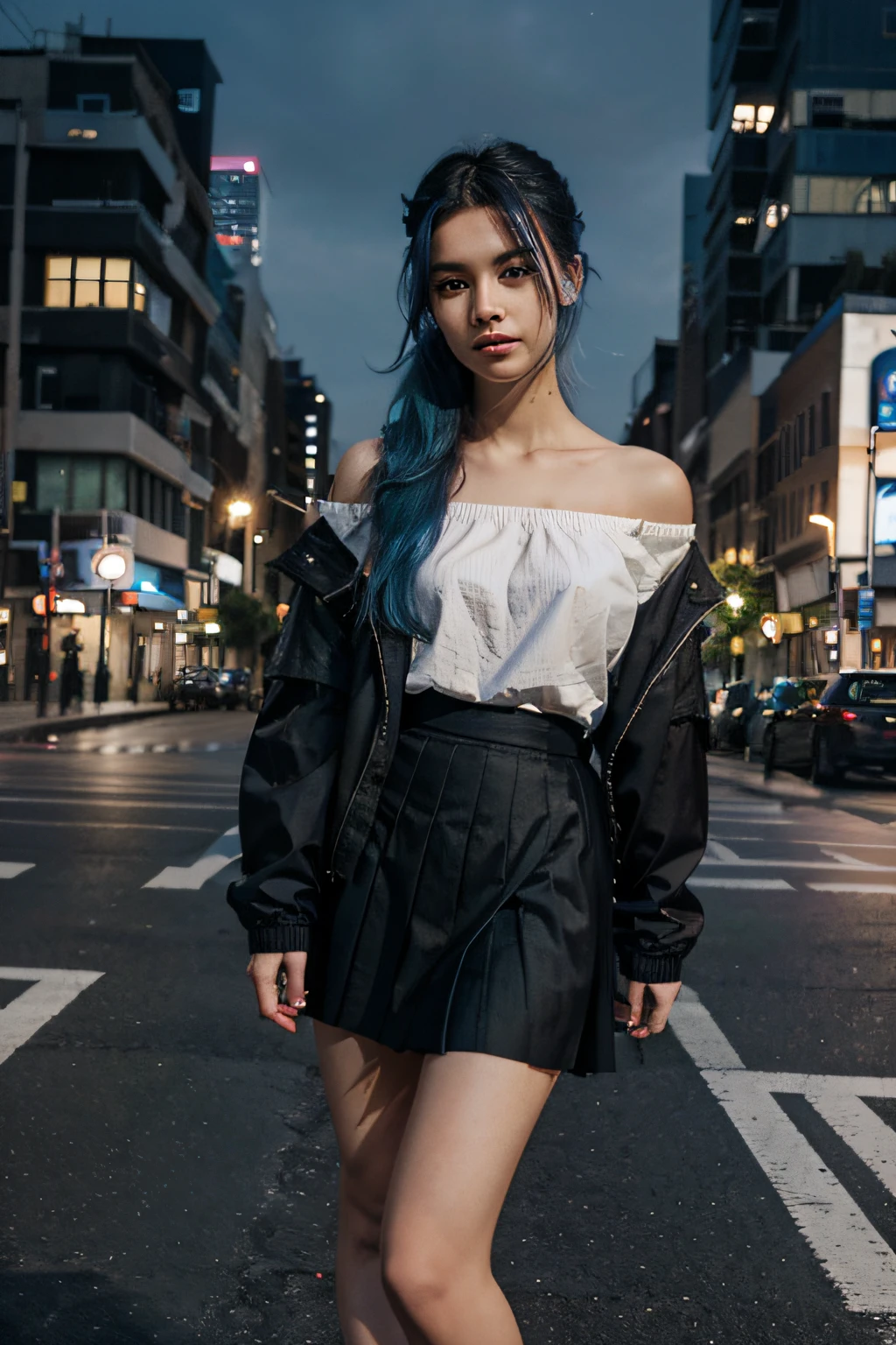 1girll, black_Skirt, Blue_Hair, Building, City, Cityscape, Hair_between_Eyes, Jacket, Looking_at_peeping at the viewer, mediating_Hair, Multicolored_Hair, multiple_Boys, Night, Off_Shoulder, Outdoors, pleated_Skirt, Road, shirt, Skirt, skyscraper, Smile, Solo_Focus, street, White_shirt