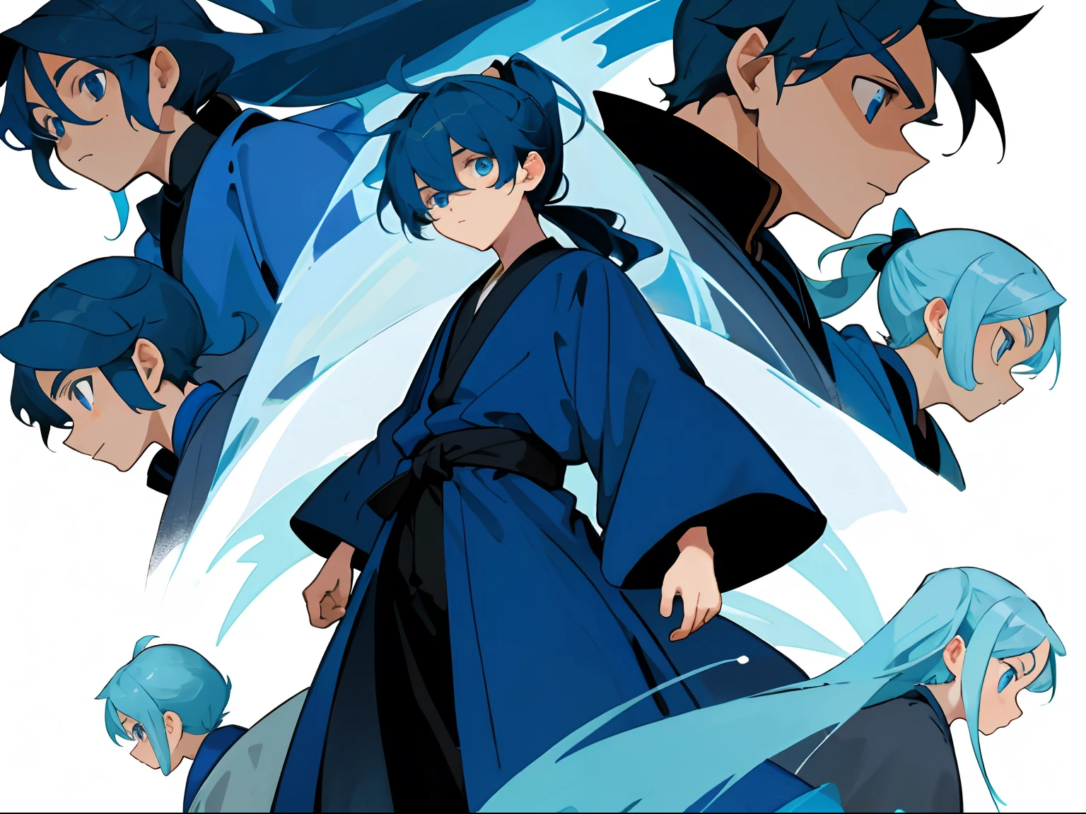 younge boy,multiple postures and expressions,Children's book illustration style,، simple,adolable,full-color,cabelos preto e longos,High ponytail,long blue robes,eBlue eyes,knight-errant,flatcolors,