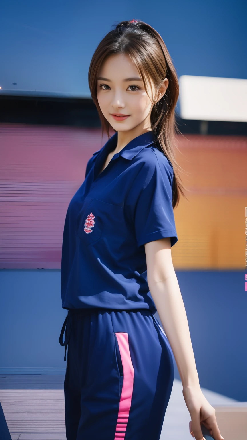 (bestquality,10,10,highres,masterpiece:1.2),ultra-detail,(Realistic,photorealistic portrait,photo-realistic:1.37),1 Cute girl in the football field,oily shiny skin,bara,light smile,BDclothes,((blue shirt:1.3)),short sleeves,shirt, trousers.,(navy_long_Pants Track:1.1), ((Stadium Background:1.3)),dynamic angle,excited,face focus,Dynamic Poses,from behide,Ass Focus,masterpiece, bestquality, ultra realistic, hyper-detail, 8k resolution, RAW photo, crisp focus, ((Navy blue shirt:1.1)), short sleeves, Long Path, Perfect body, 2 mature women, 18yo, cinematic light,Blue sweatpants,Gymware,Correct anatomy,Complete body, Correct body, sharp face, Anatomically correct body, full entire body, Realistic gestures, long-haired, Realistic poses,Wear long shorts...,Long leg span,Shapely,Sculpting Girl