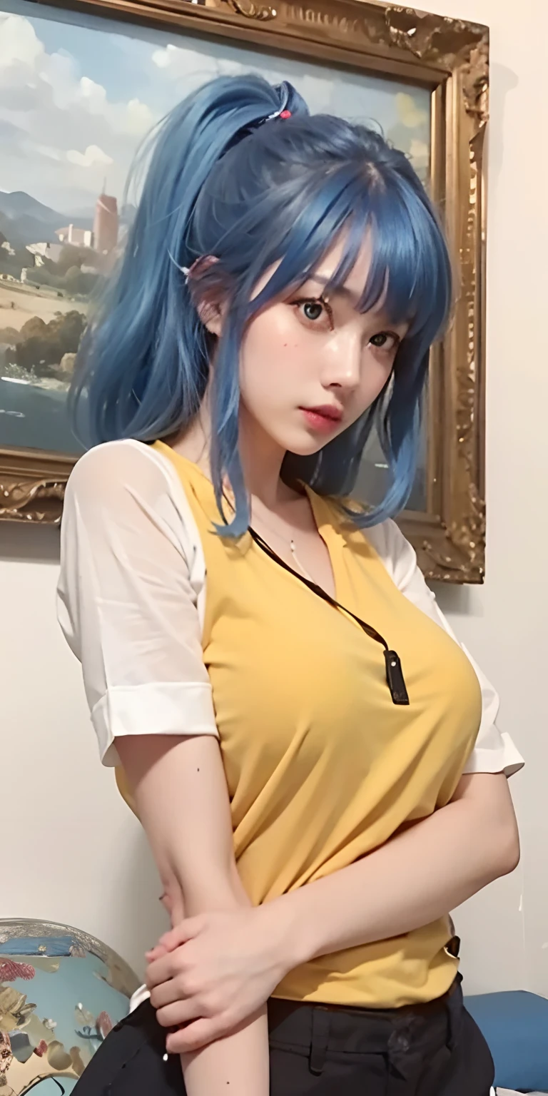 1girl,huge breast,blue hair,red eyes, yellow clothes, ultra detailed, masterpiece, realistic