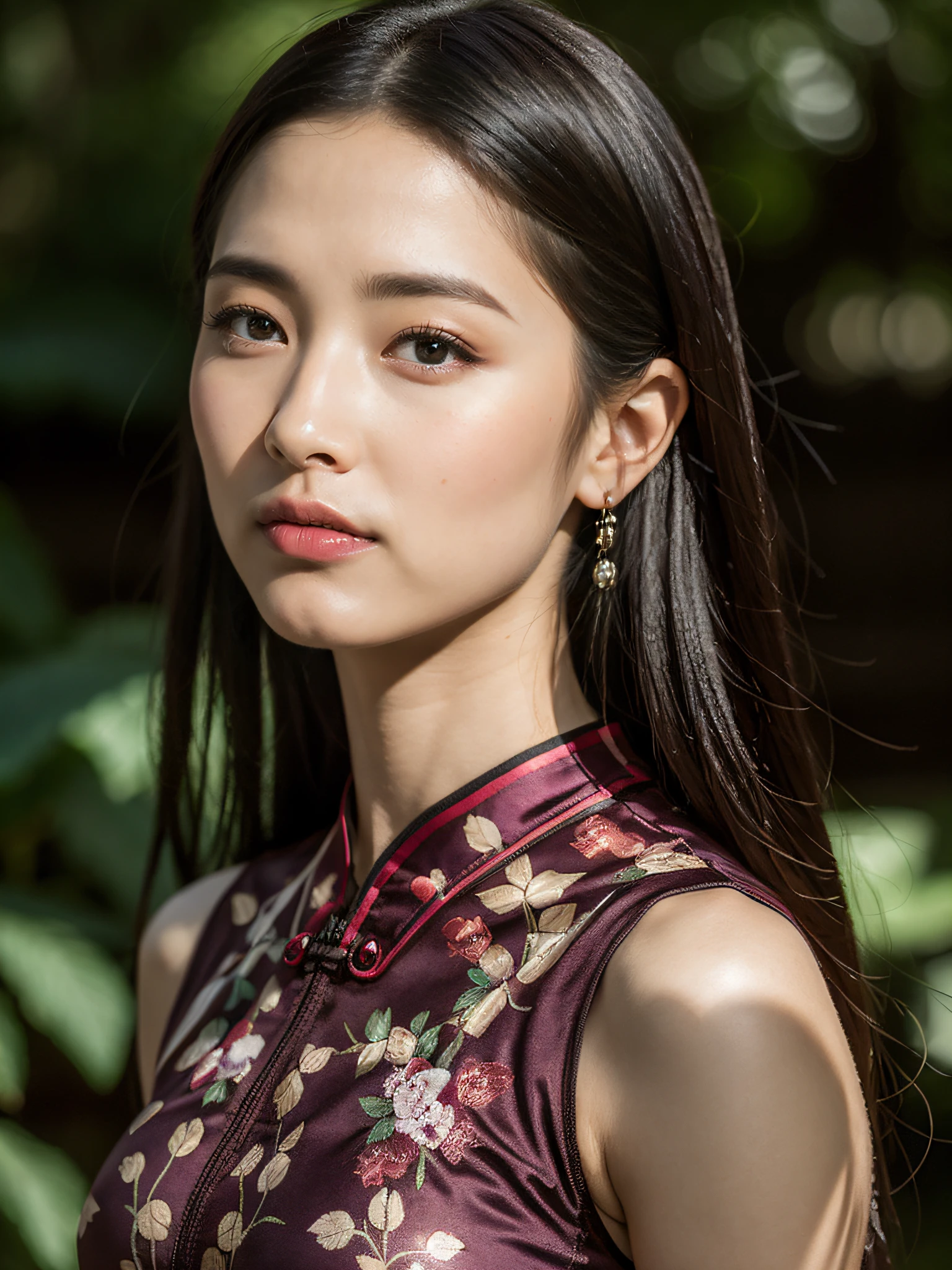 （Purple printed porcelain cheongsam）， 1 rapariga，full bodyesbian， （Behind the arm：1.1），（realisticlying：1.7），（（best qualtiy）），absurderes，（超高分辨率），（realisticlying：1.6），realisticlying，rendering by octane，（Hyper-realistic：1.2），（photo-realistic face：1.2），（8K），（4K），（tmasterpiece），（realistic skin textures），（illustratio，cinmatic lighting，the wallpaper），（beautidful eyes：1.2），（s the perfect face）））），（Dignified atmosphere），（standing on your feet），（brunette color hair），Coiled hair，黑The eye，Redlip，（Suzhou Garden），