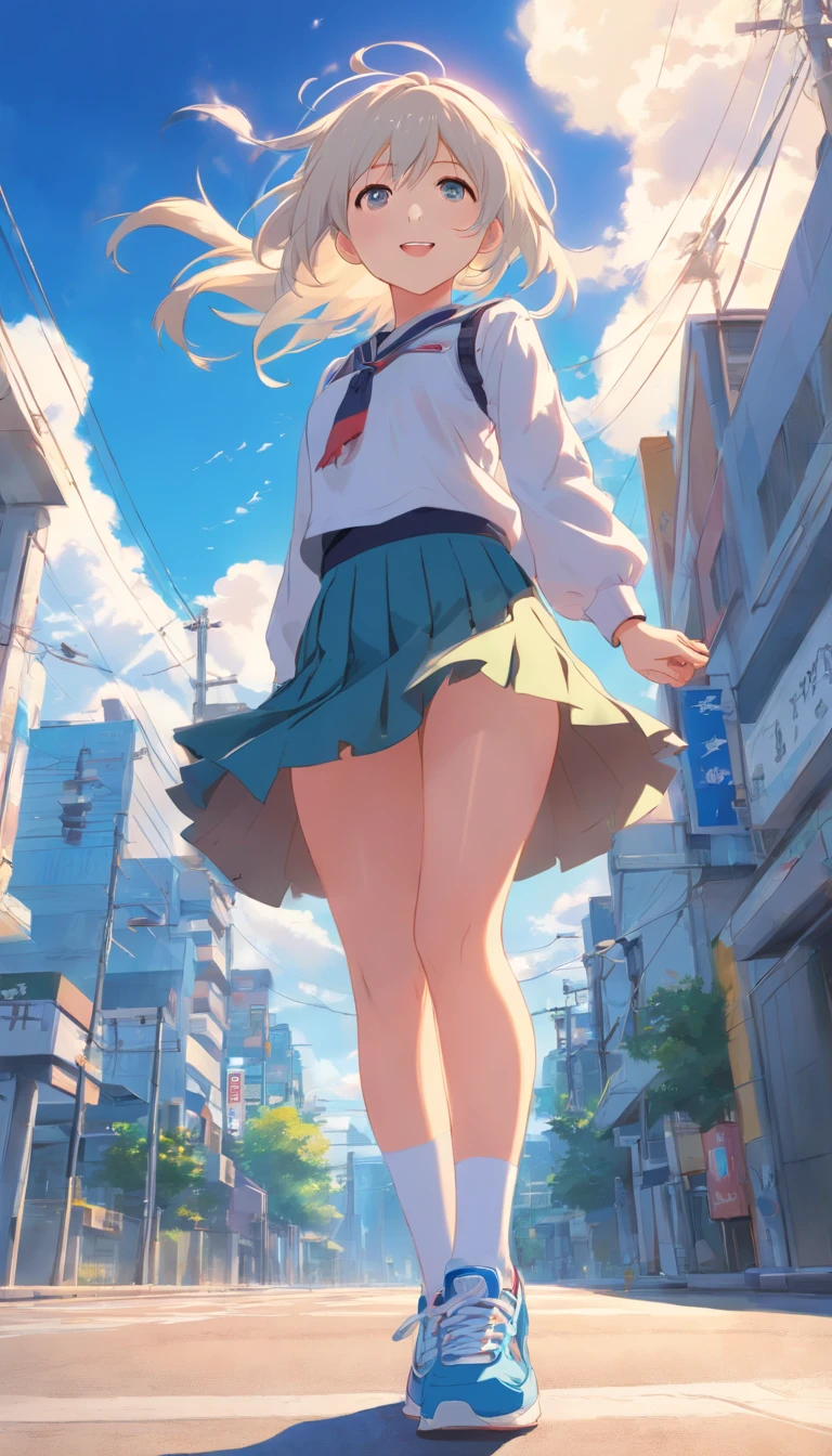 best qualtiy, tmasterpiece, 超高分辨率, realisticlying, 1 girl,(long white hair),Heterochromic pupils,(ssmile)(JK skirt), Light black stockings,athletic sneakers,Fantastic blue sky,Looking Up The Sky,wide angles