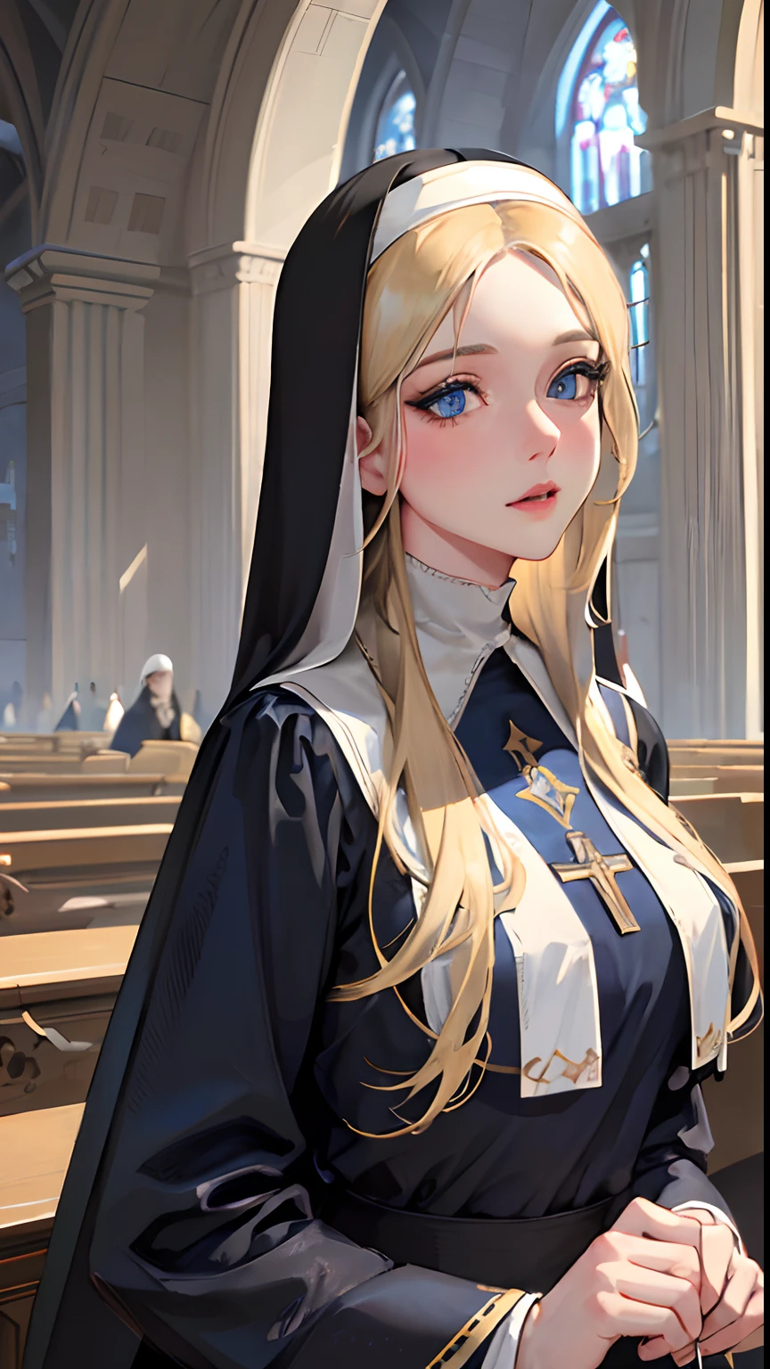 (best quality,4k,8k,highres,masterpiece:1.2),ultra-detailed,realistic,beautiful detailed blue eyes,beautiful detailed lips,extremely detailed face,long hair,1girl,beautiful blonde girl,wearing a nun's outfit,cute,attractive,church, retrato, detailed eyes