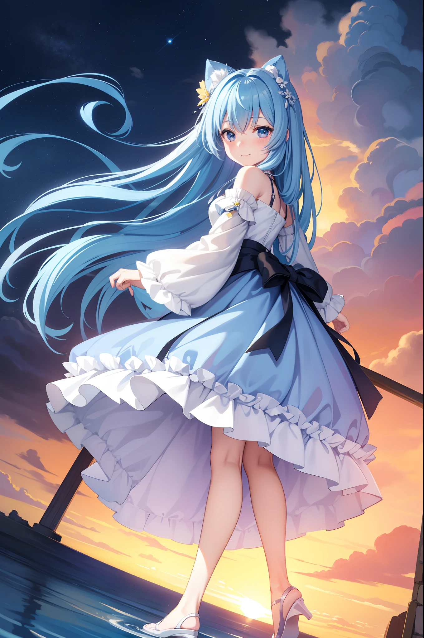 1 girl in、Long blue hair、Twin-tailed、Black eyes、adorable smiling、Drawn from a specific angle、Looking at the camera、delicate finger、beautiful ilumination、Fluffy yellow and white dress、Fluffy、Background with　Sunset landscape(High resolution of the highest quality)、((Masterpieces of the highest quality:1.2))