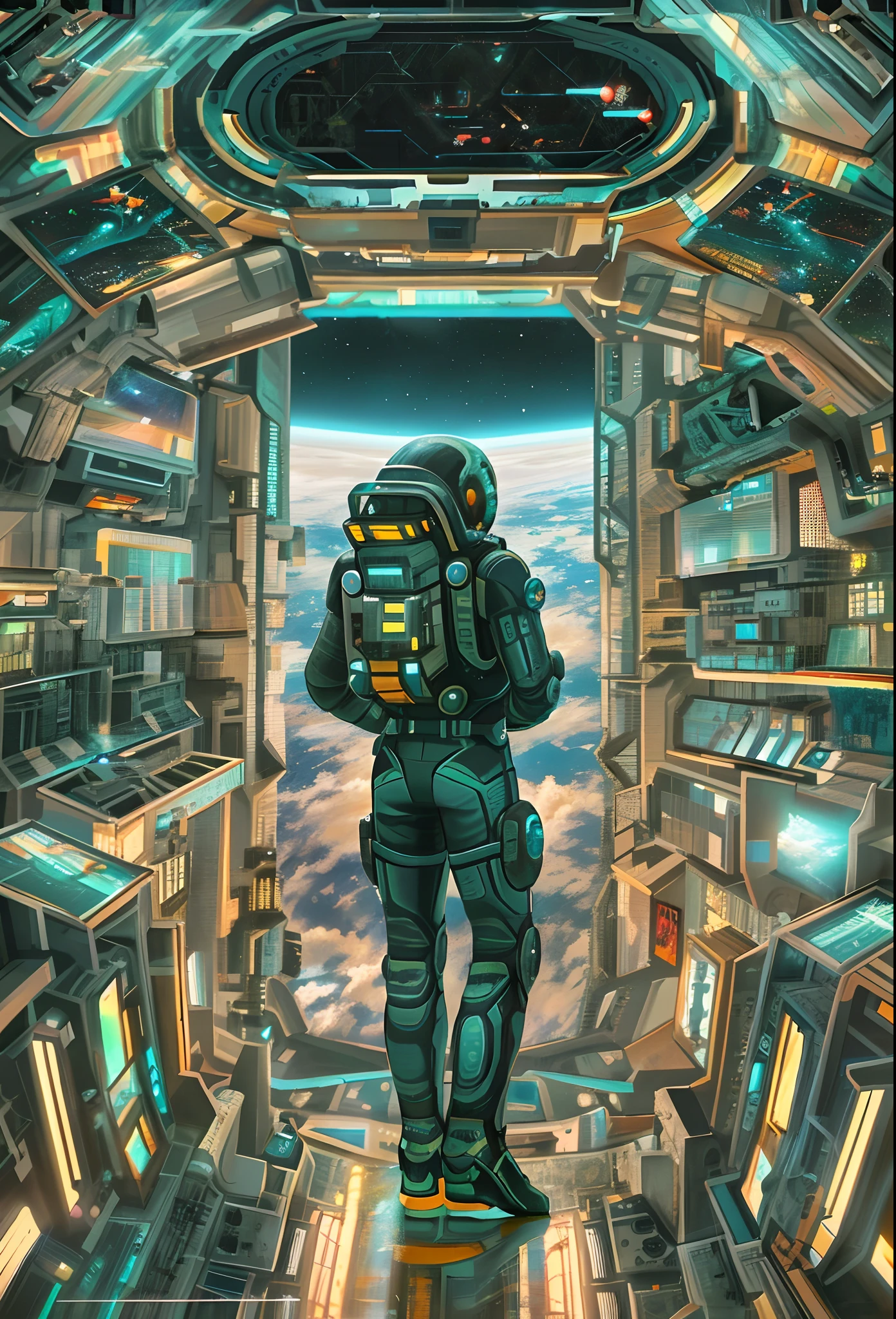 Space capsule，facing away from the audience，Realiy，A girl wearing a。Prepare to step out of the capsule,（（the detail））（（k hd））,A man on the space station,（（wearing a space costume、Spacesuit））,Close-up, Science-fi digital art illustration, scifi illustration, scifi illustration, sci-fi illustrations, sci-fi illustrations, looking off into space, scifi illustration, borne space library artwork, greg beeple, sci-fi artwork, （（cyber punk style））