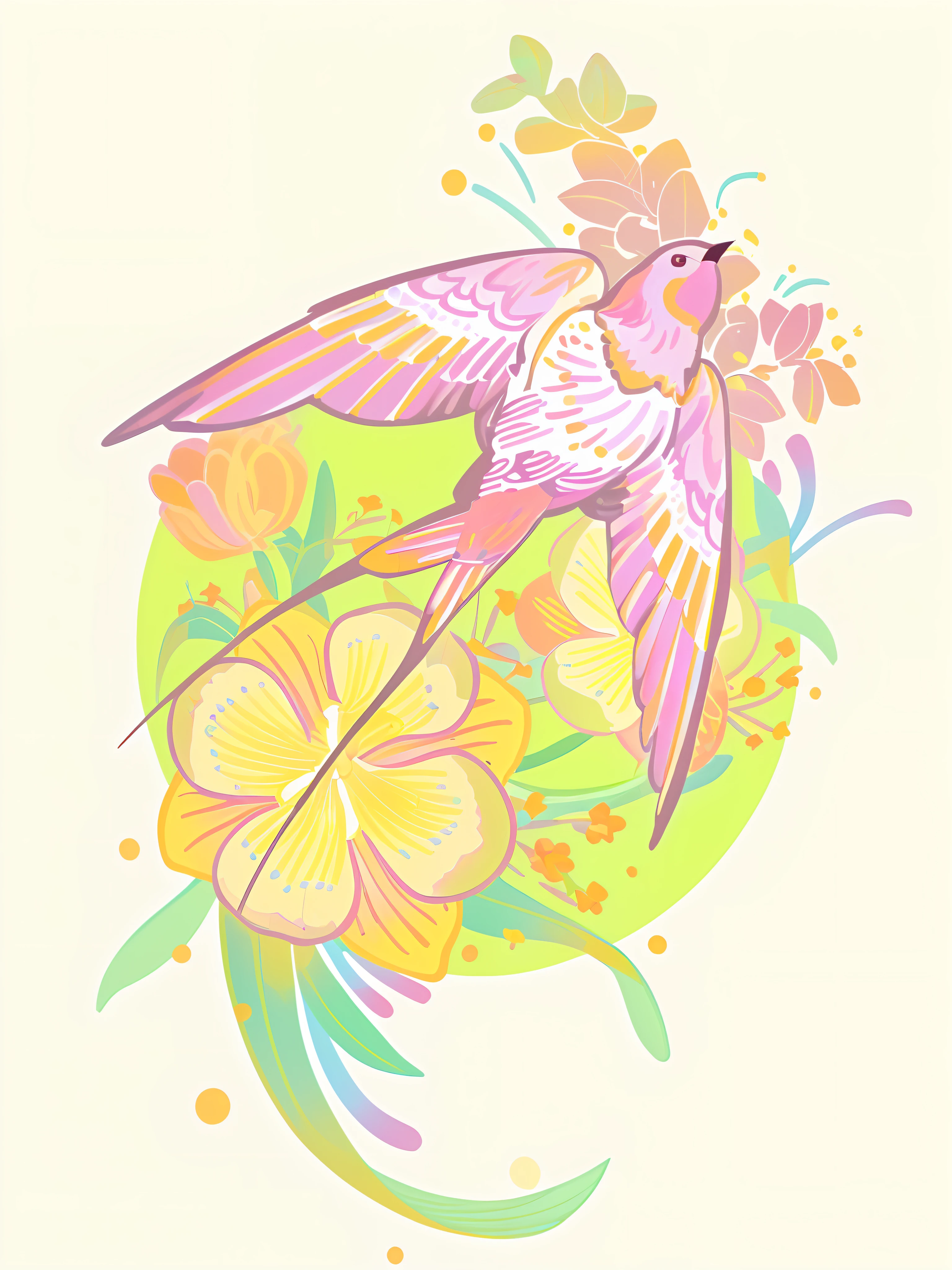 there is a bird sitting on a branch of a flower, lavishly decorated, A beautiful artwork illustration, flower, full-colour illustration, background artwork, illustrated in whimsical style, colorful bird with a long, colorful illustrations, Stylized digital illustration, full color digital illustration, in style of digital illustration, jen bartel, Colorful illustration