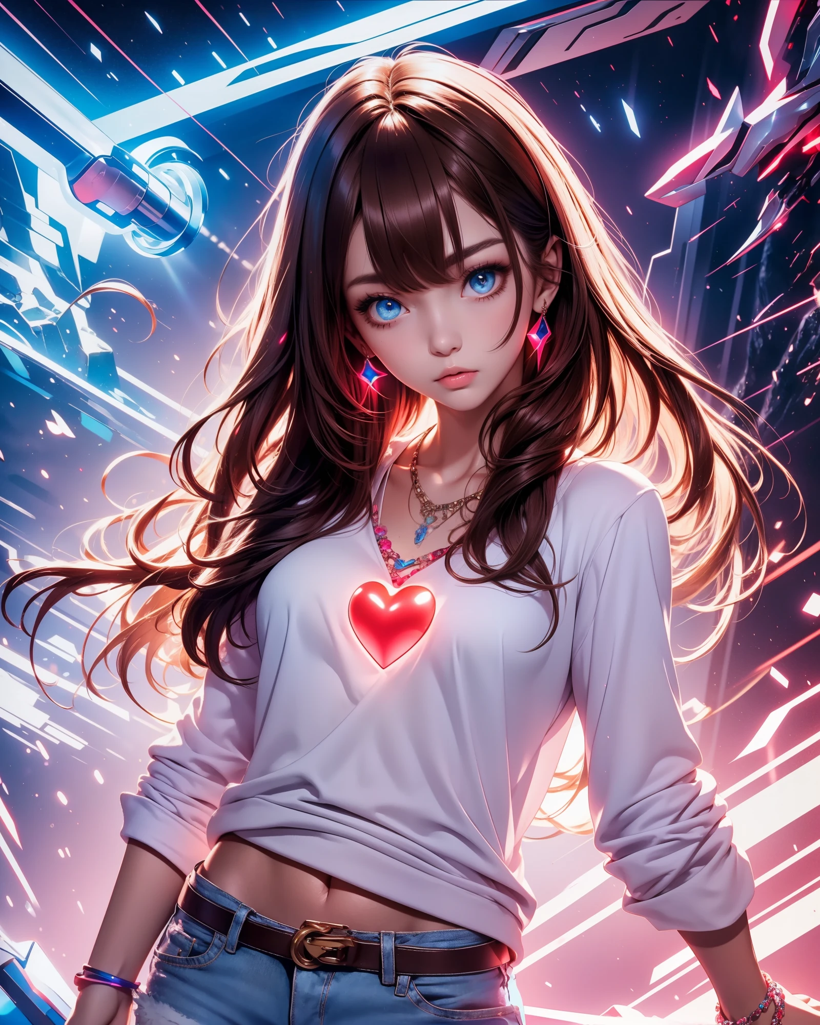 4k, June scenery, Beautiful woman, long hair, brown hair, medium breasts, blue eyes, white shirt, hot pants, neon red heart necklace, looking at viewer, night, colorful hydrangea