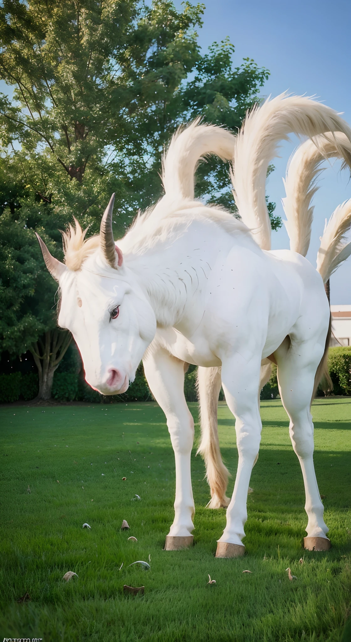 Realistic Giant monster, its head resembles an angry horse monster ,same horn, has 5 tail, , realistic light, realistic shadow, realism, hyper realistic,(photorealistic:1.2), realistic background,