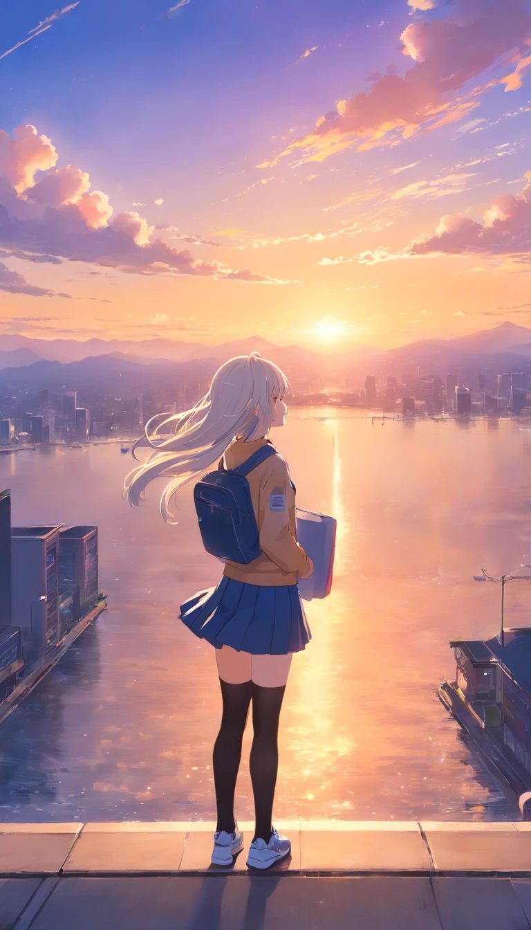 best qualtiy, tmasterpiece, 超高分辨率, realisticlying, 1 girl,(long white hair),Heterochromic pupils,(ssmile)(JK skirt), Light black stockings,athletic sneakers,Fantastic sunset,Looking Up The Sky,wide angles