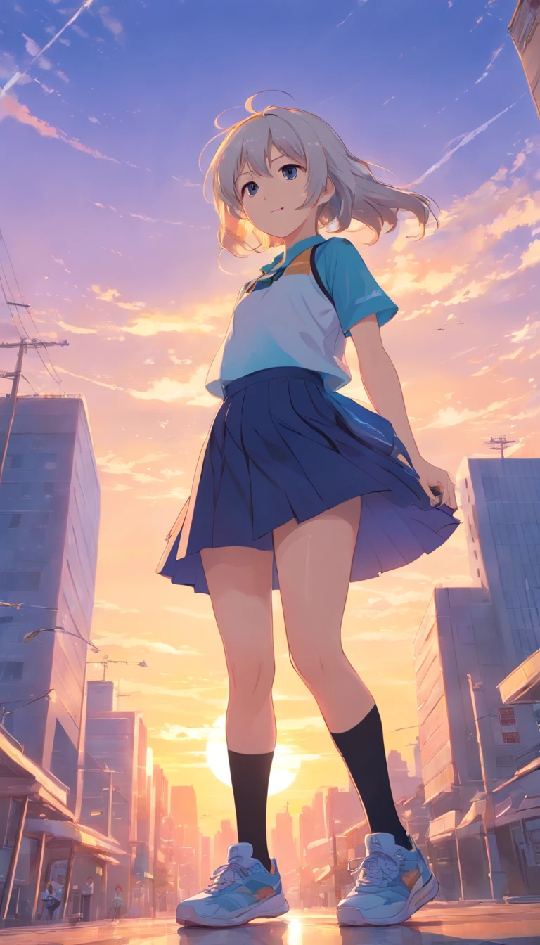 best qualtiy, tmasterpiece, 超高分辨率, realisticlying, 1 girl,(long white hair),Heterochromic pupils,(ssmile)(JK skirt), Light black stockings,athletic sneakers,Fantastic sunset,Looking Up The Sky,wide angles