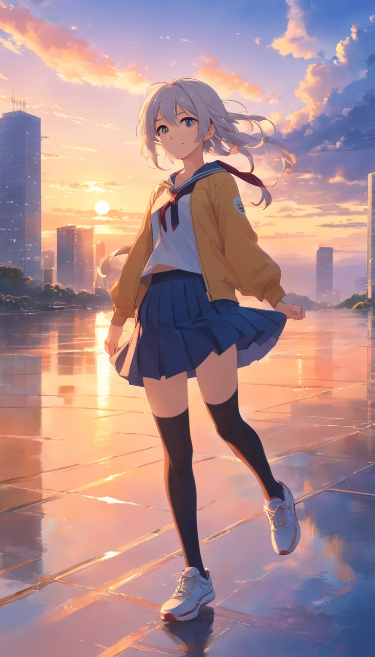 best qualtiy, tmasterpiece, 超高分辨率, realisticlying, 1 girl,(long white hair),Heterochromic pupils,(ssmile)(JK skirt), Light black stockings,athletic sneakers,Fantastic sunset,Looking Up The Sky,wide angles