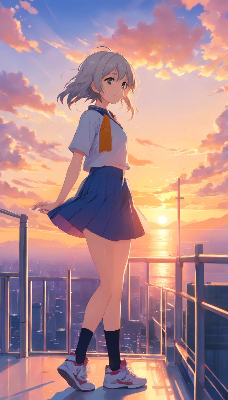 best qualtiy, tmasterpiece, 超高分辨率, realisticlying, 1 girl,(long white hair),Heterochromic pupils,(ssmile)(JK skirt), Light black stockings,athletic sneakers,Fantastic sunset,Looking Up The Sky,wide angles