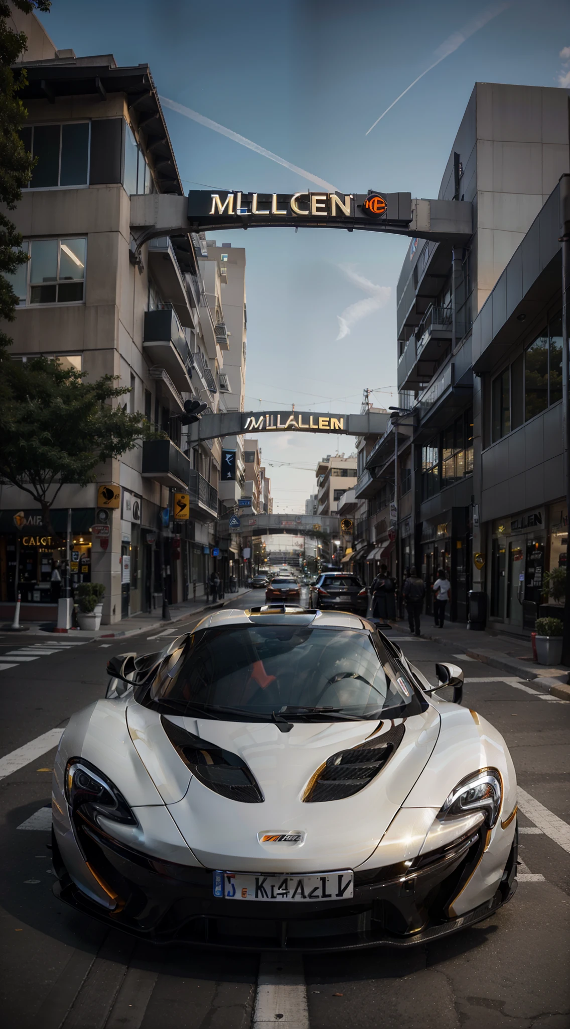 White McLaren P1 with carbon body work, gold rims, McLaren is parked in the city night of Los Ángeles, clear details,